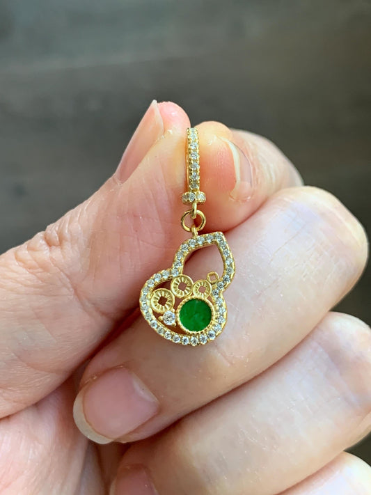 Natural Grade A Icy Vibrant Green Jade Jadeite Hua Qing Gourd Hulu Charm Pendant Sterling Silver Yellow Gold Overlay 天然花青翡翠葫芦珍珠扣吊坠 MHQ140H