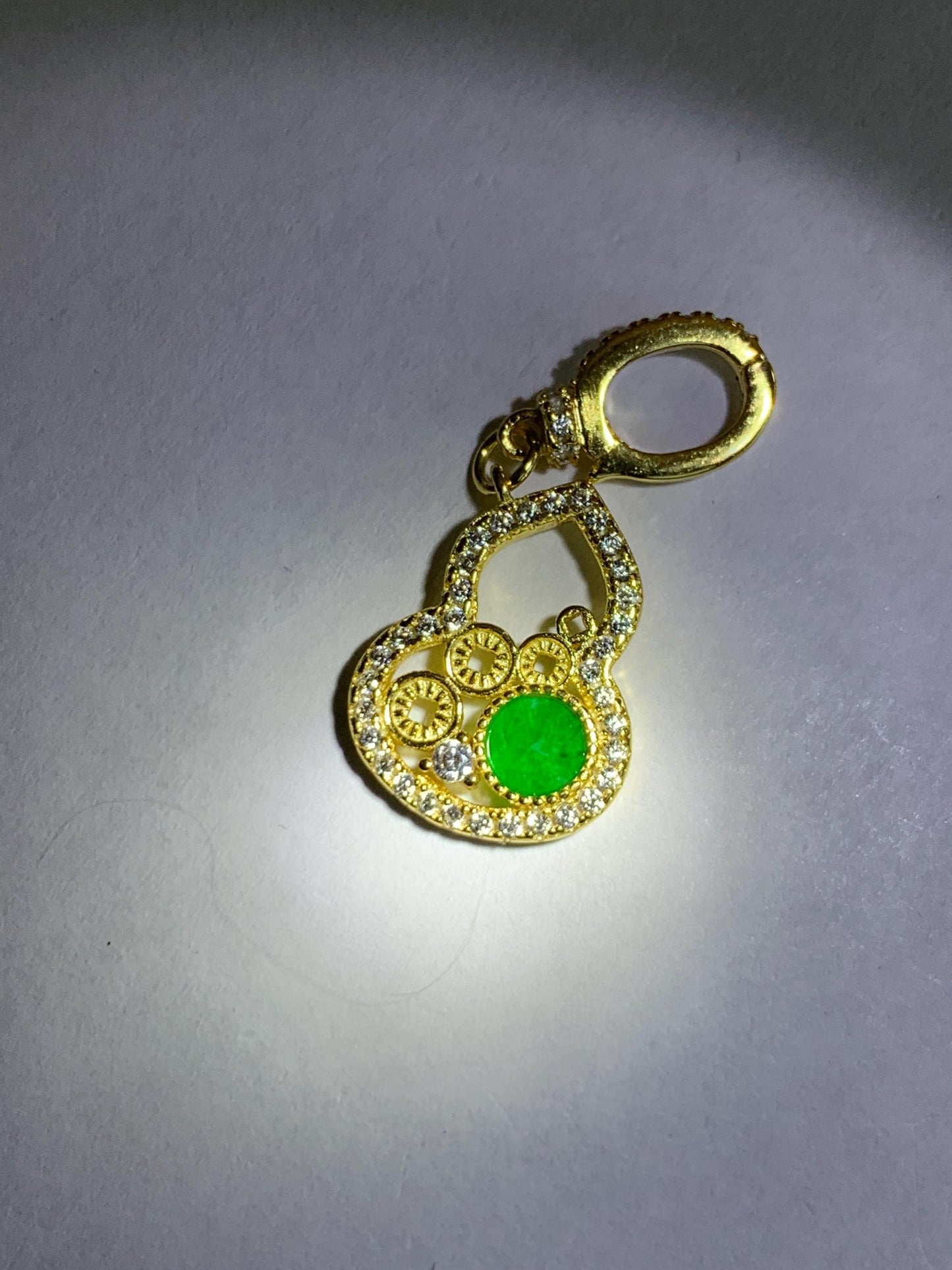 Natural Grade A Icy Vibrant Green Jade Jadeite Hua Qing Gourd Hulu Charm Pendant Sterling Silver Yellow Gold Overlay 天然花青翡翠葫芦珍珠扣吊坠 MHQ140H
