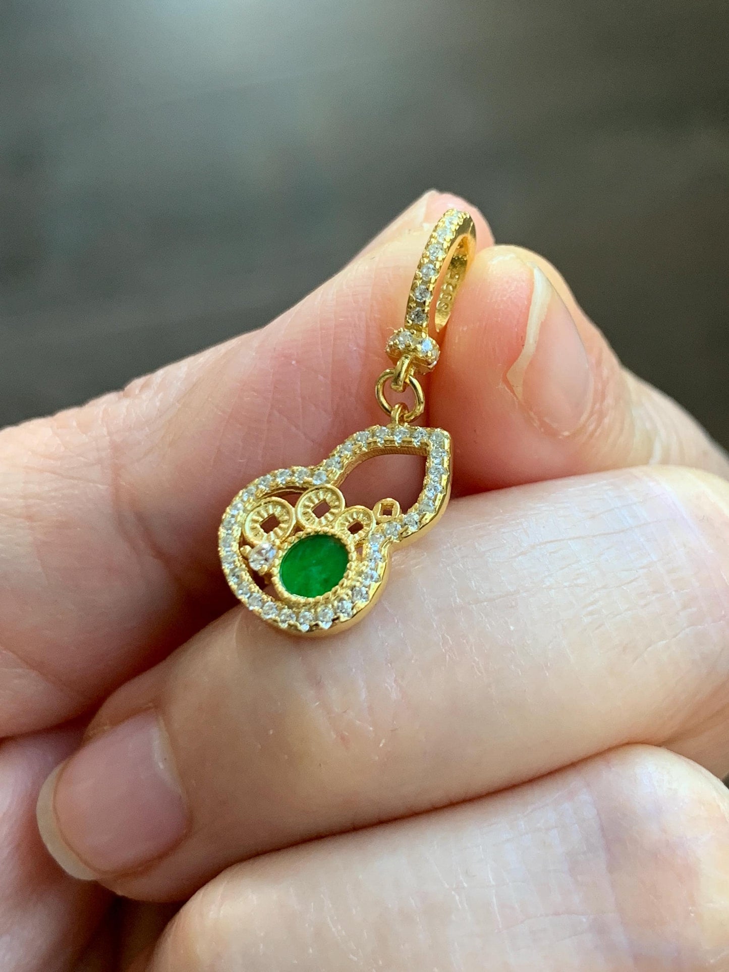 Natural Grade A Icy Vibrant Green Jade Jadeite Hua Qing Gourd Hulu Charm Pendant Sterling Silver Yellow Gold Overlay 天然花青翡翠葫芦珍珠扣吊坠 MHQ140H