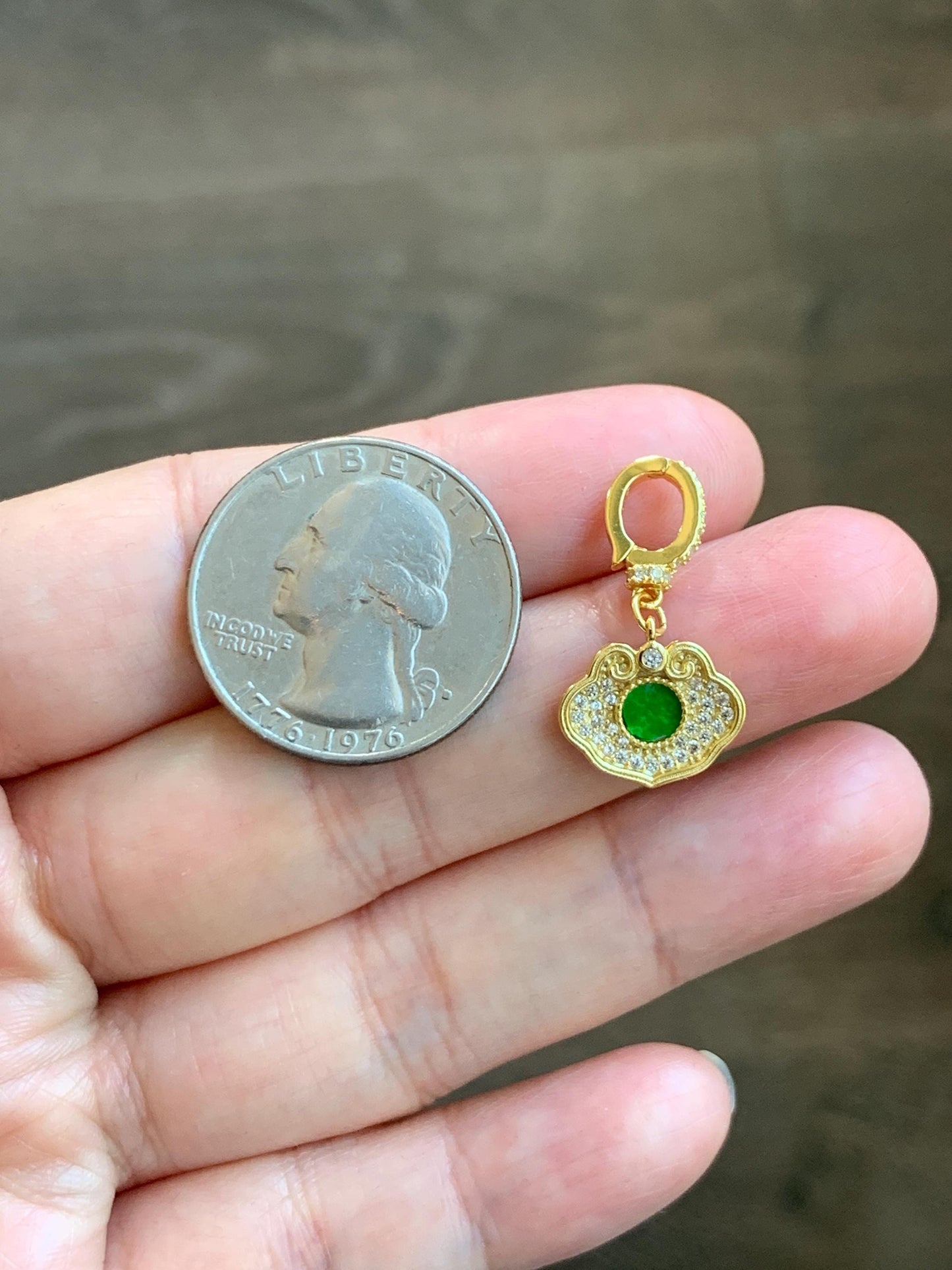 Natural Grade A Icy Vibrant Green Jade Jadeite Hua Qing Ruyi Charm Pendant Sterling Silver Yellow Gold Overlay 天然花青翡翠如意珍珠扣吊坠 MHQ140R