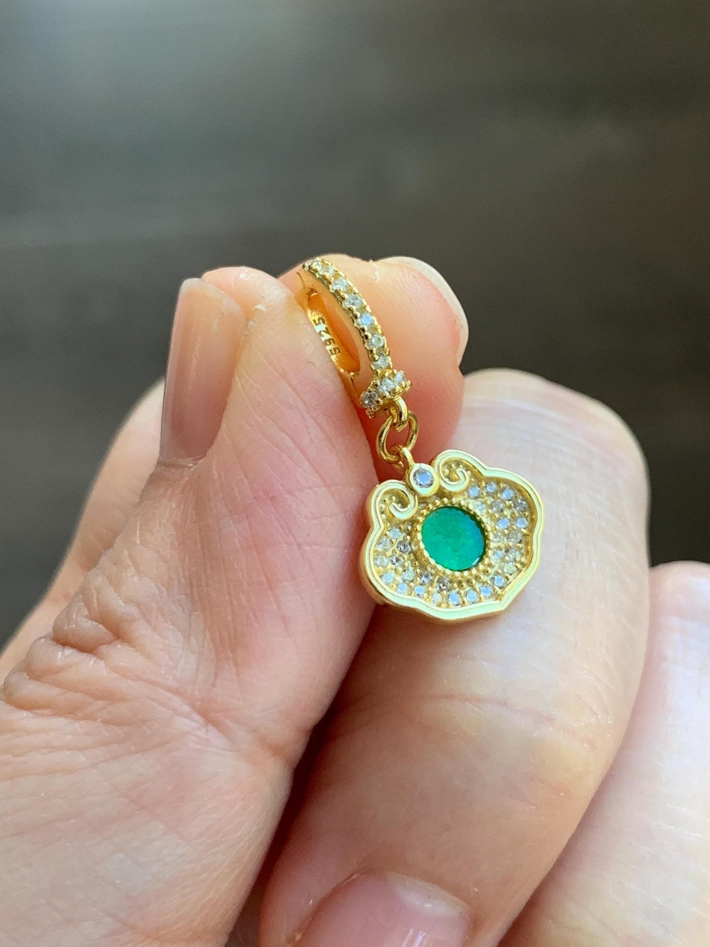 Natural Grade A Icy Vibrant Green Jade Jadeite Hua Qing Ruyi Charm Pendant Sterling Silver Yellow Gold Overlay 天然花青翡翠如意珍珠扣吊坠 MHQ140R