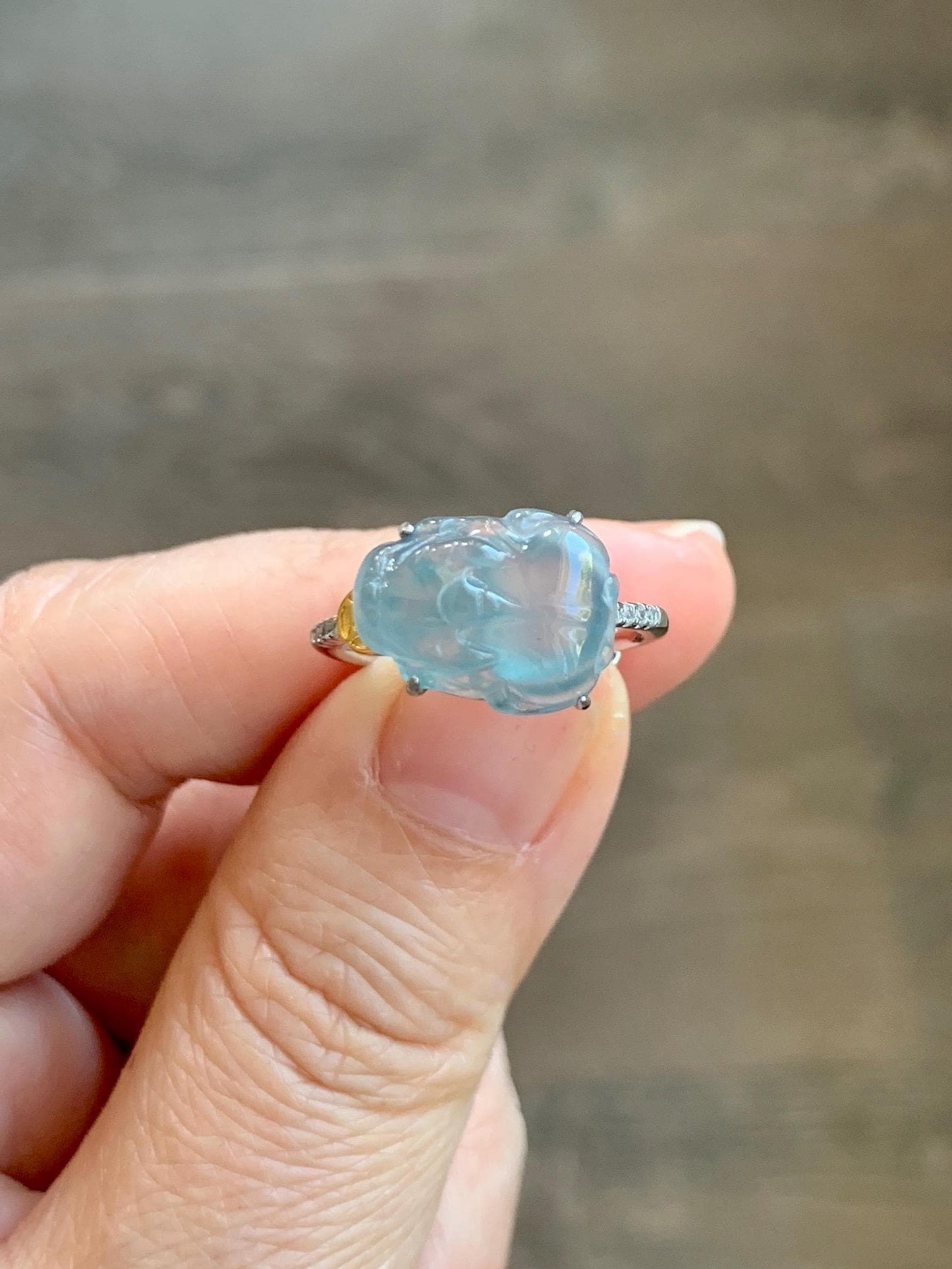 Natural Grade A Guatemalan Icy Highly Translucent Teal Jade Jadeite Pixiu Ring Sterling Silver Size 7 US Adjustable 天然冰危浅蓝翡翠貔貅银镶戒指 WLP96B