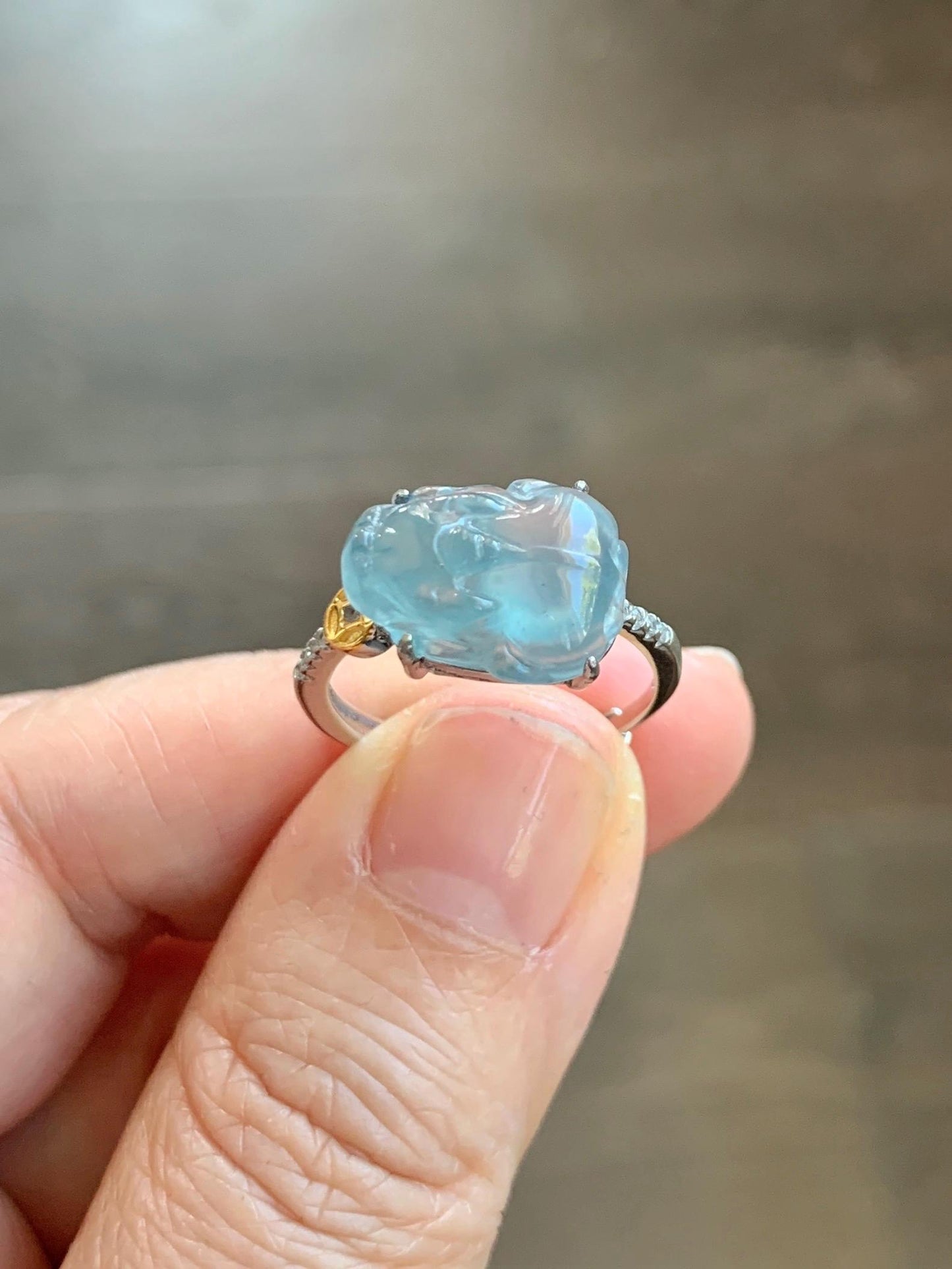 Natural Grade A Guatemalan Icy Highly Translucent Teal Jade Jadeite Pixiu Ring Sterling Silver Size 7 US Adjustable 天然冰危浅蓝翡翠貔貅银镶戒指 WLP96B