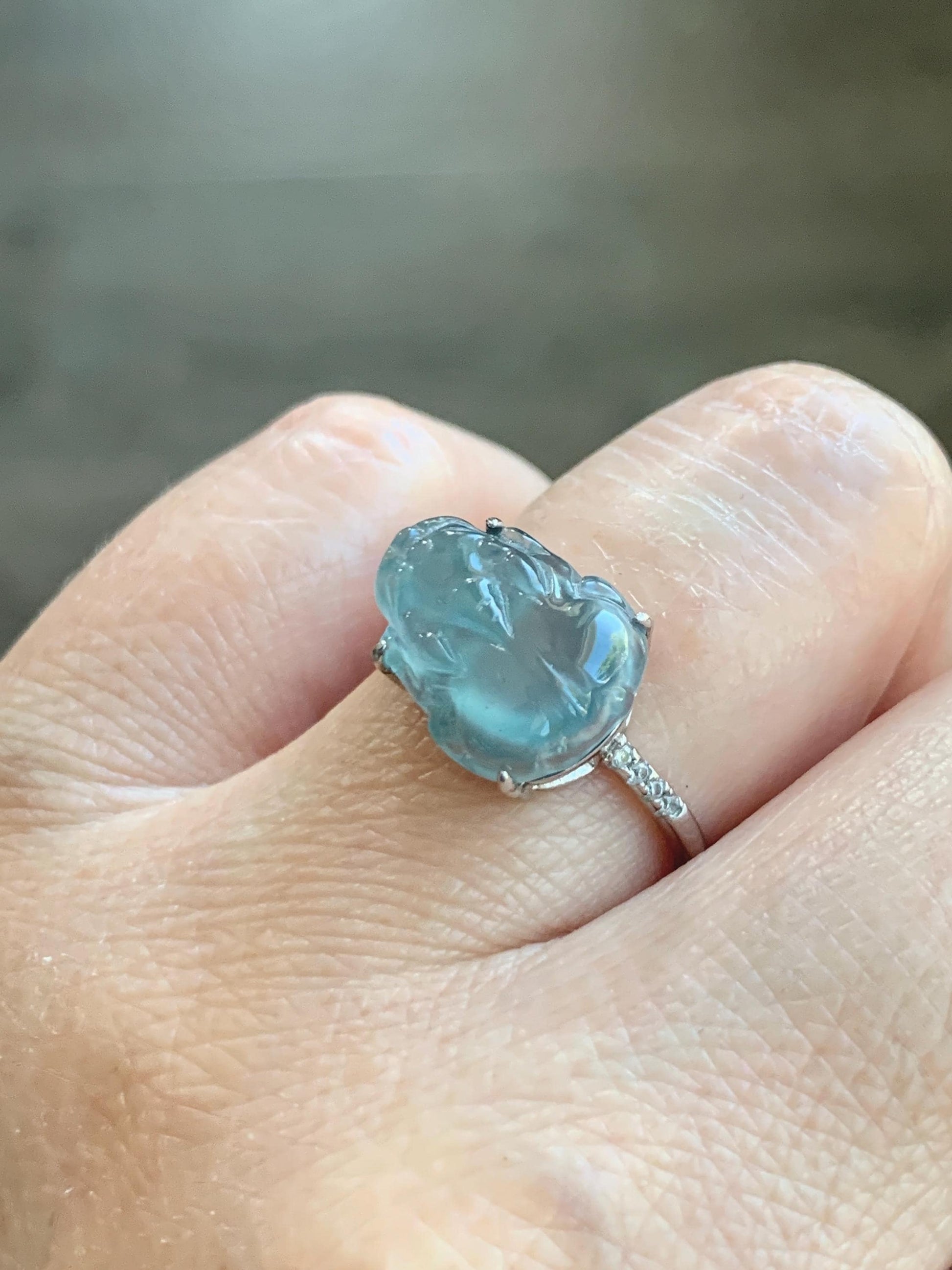 Natural Grade A Guatemalan Icy Highly Translucent Teal Jade Jadeite Pixiu Ring Sterling Silver Size 7 US Adjustable 天然冰危浅蓝翡翠貔貅银镶戒指 WLP96B