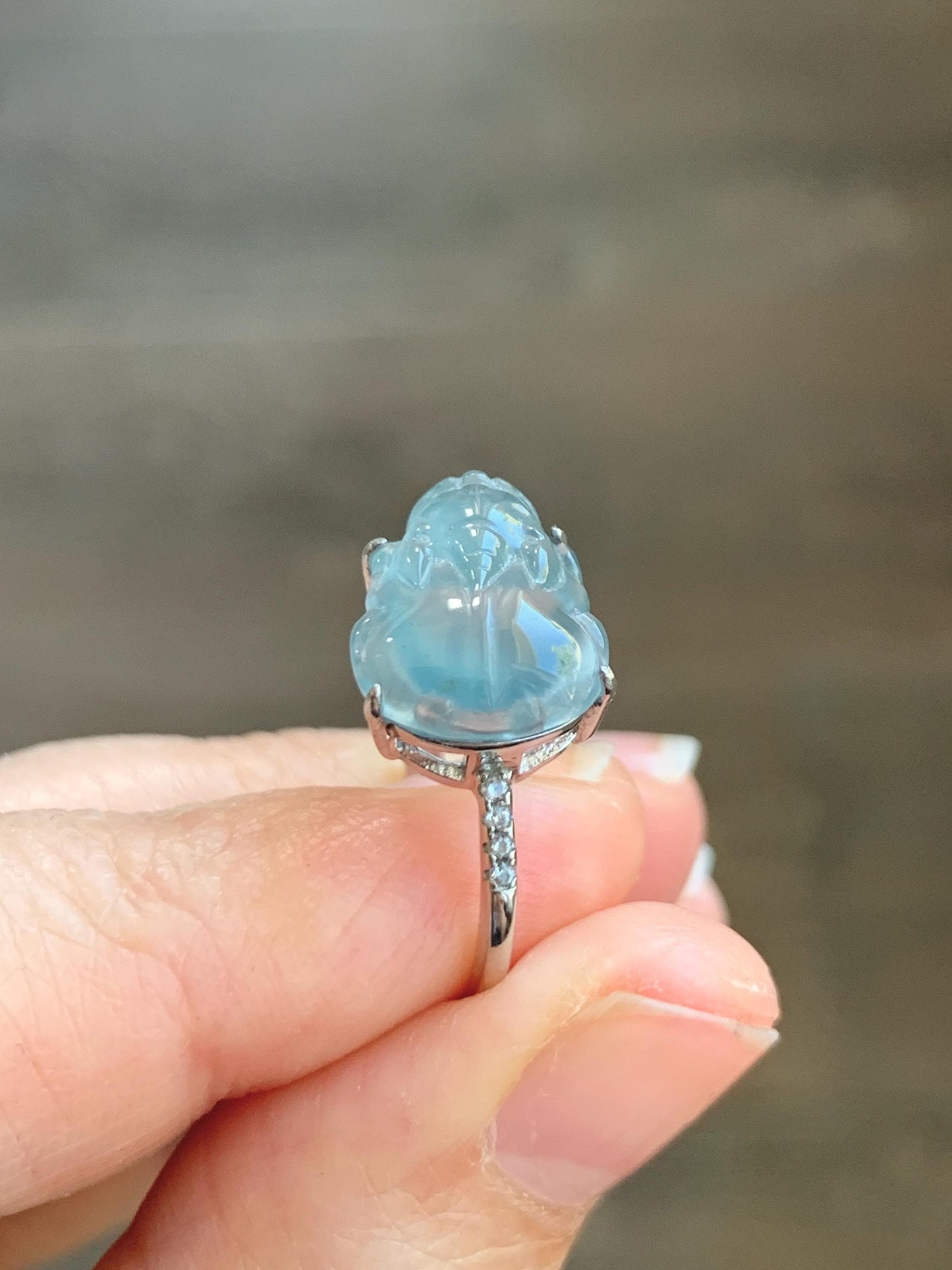 Natural Grade A Guatemalan Icy Highly Translucent Teal Jade Jadeite Pixiu Ring Sterling Silver Size 7 US Adjustable 天然冰危浅蓝翡翠貔貅银镶戒指 WLP96B