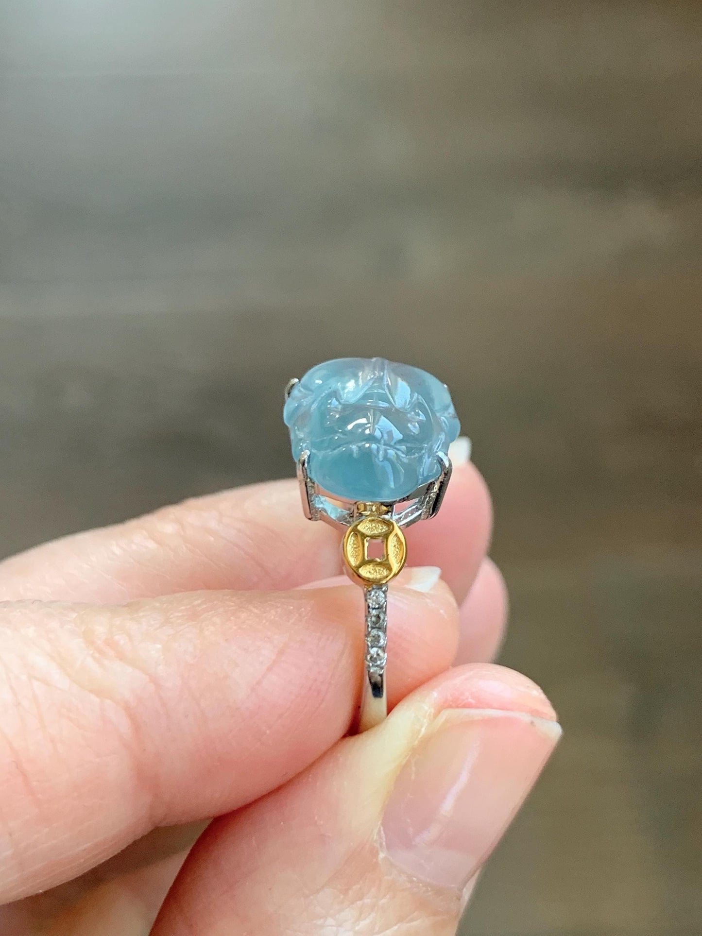 Natural Grade A Guatemalan Icy Highly Translucent Teal Jade Jadeite Pixiu Ring Sterling Silver Size 7 US Adjustable 天然冰危浅蓝翡翠貔貅银镶戒指 WLP96B