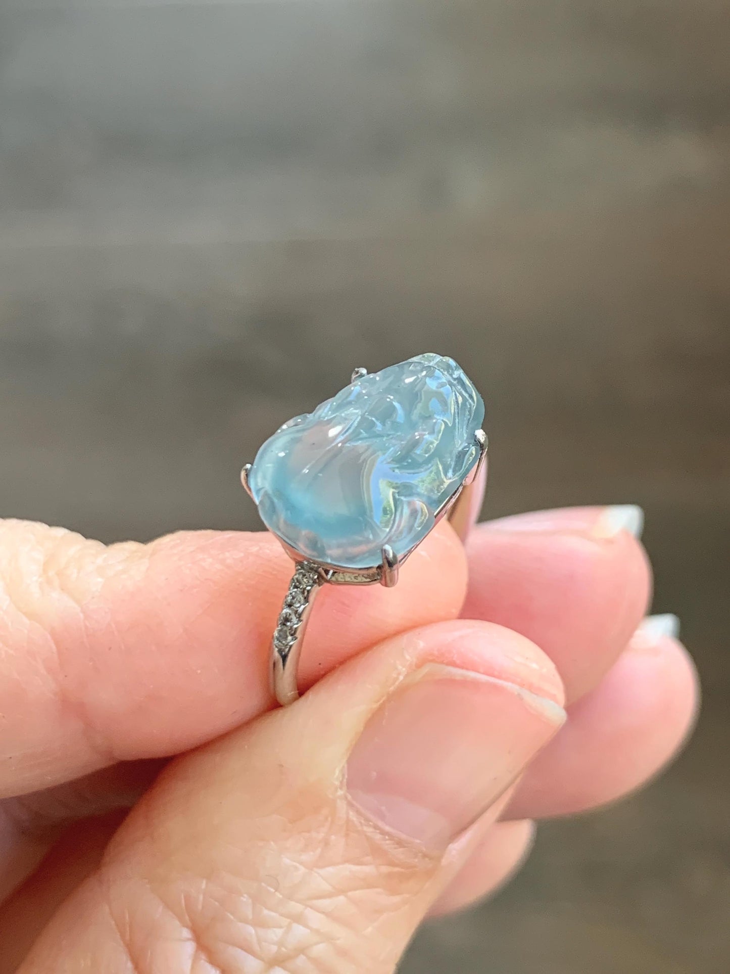 Natural Grade A Guatemalan Icy Highly Translucent Teal Jade Jadeite Pixiu Ring Sterling Silver Size 7 US Adjustable 天然冰危浅蓝翡翠貔貅银镶戒指 WLP96B