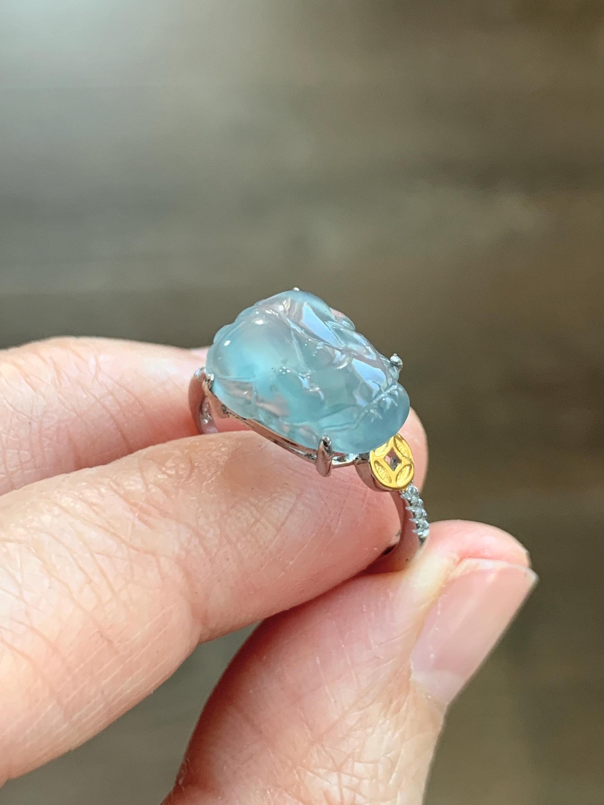 Natural Grade A Guatemalan Icy Highly Translucent Teal Jade Jadeite Pixiu Ring Sterling Silver Size 7 US Adjustable 天然冰危浅蓝翡翠貔貅银镶戒指 WLP96B