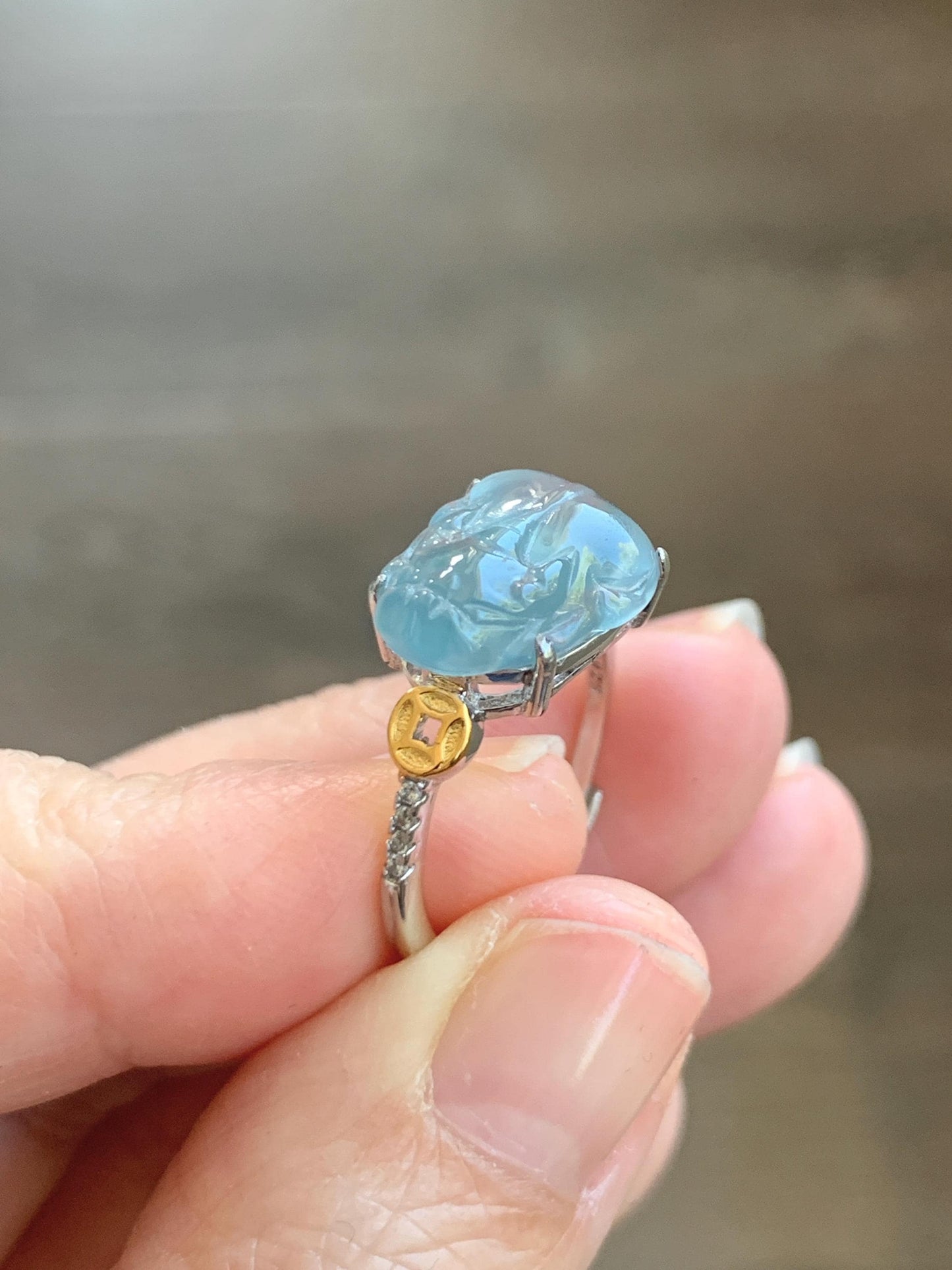 Natural Grade A Guatemalan Icy Highly Translucent Teal Jade Jadeite Pixiu Ring Sterling Silver Size 7 US Adjustable 天然冰危浅蓝翡翠貔貅银镶戒指 WLP96B