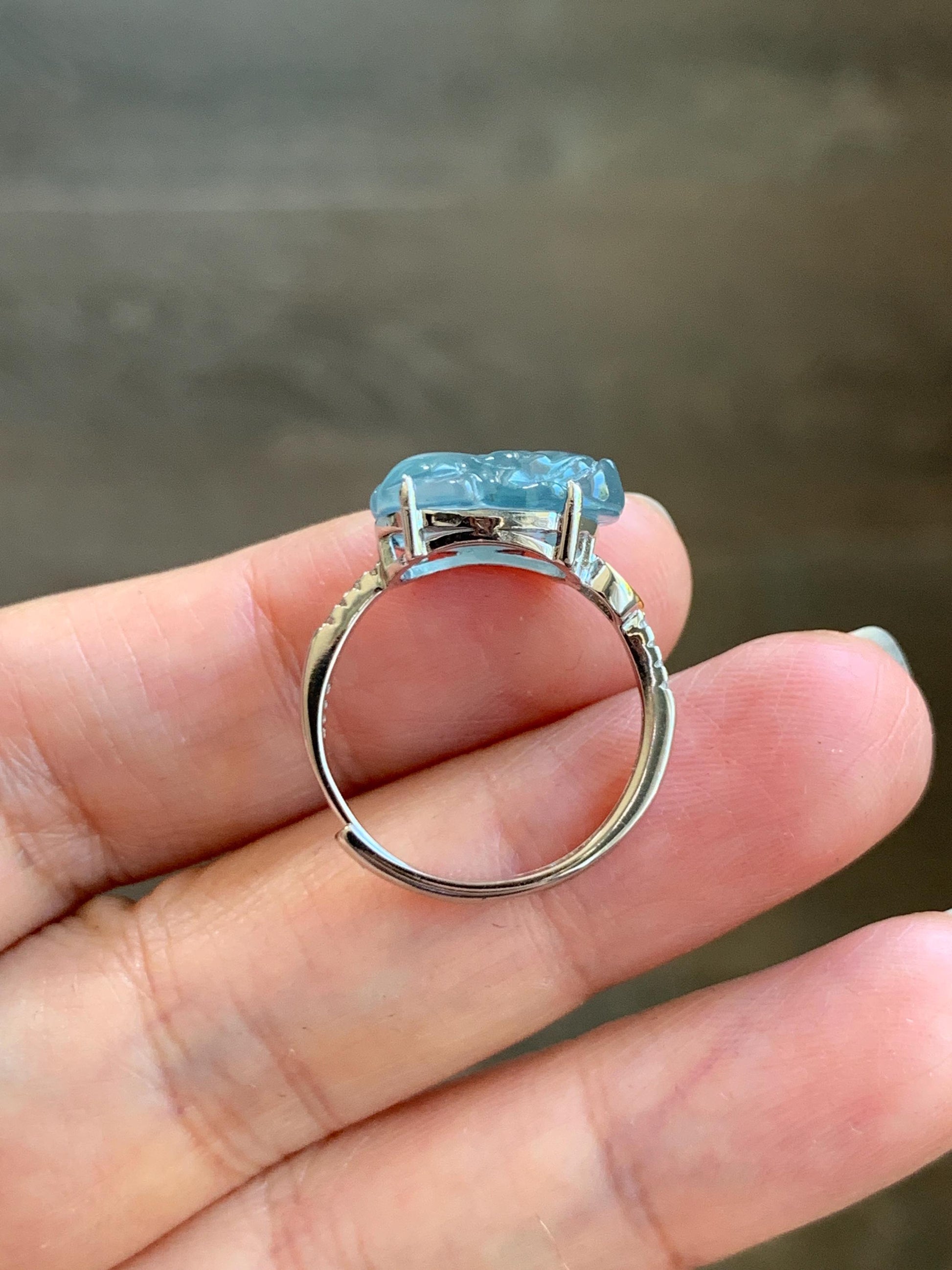 Natural Grade A Guatemalan Icy Highly Translucent Teal Jade Jadeite Pixiu Ring Sterling Silver Size 7 US Adjustable 天然冰危浅蓝翡翠貔貅银镶戒指 WLP96B