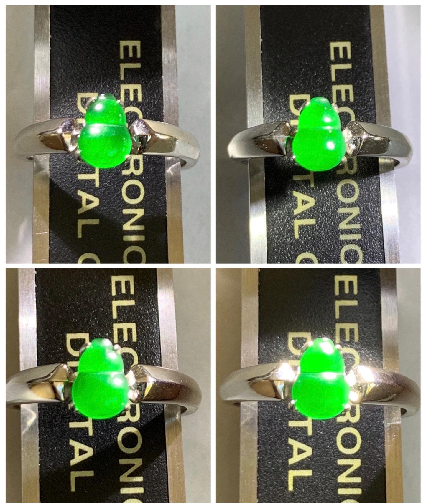 Natural Guatemalan Icy Translucent Vibrant Green Jadeite Gourd Hulu Solitaire Ring Sterling Silver Size 7 Adjustable 天然冰危绿翡翠葫芦蛋面银镶戒指 LHL88