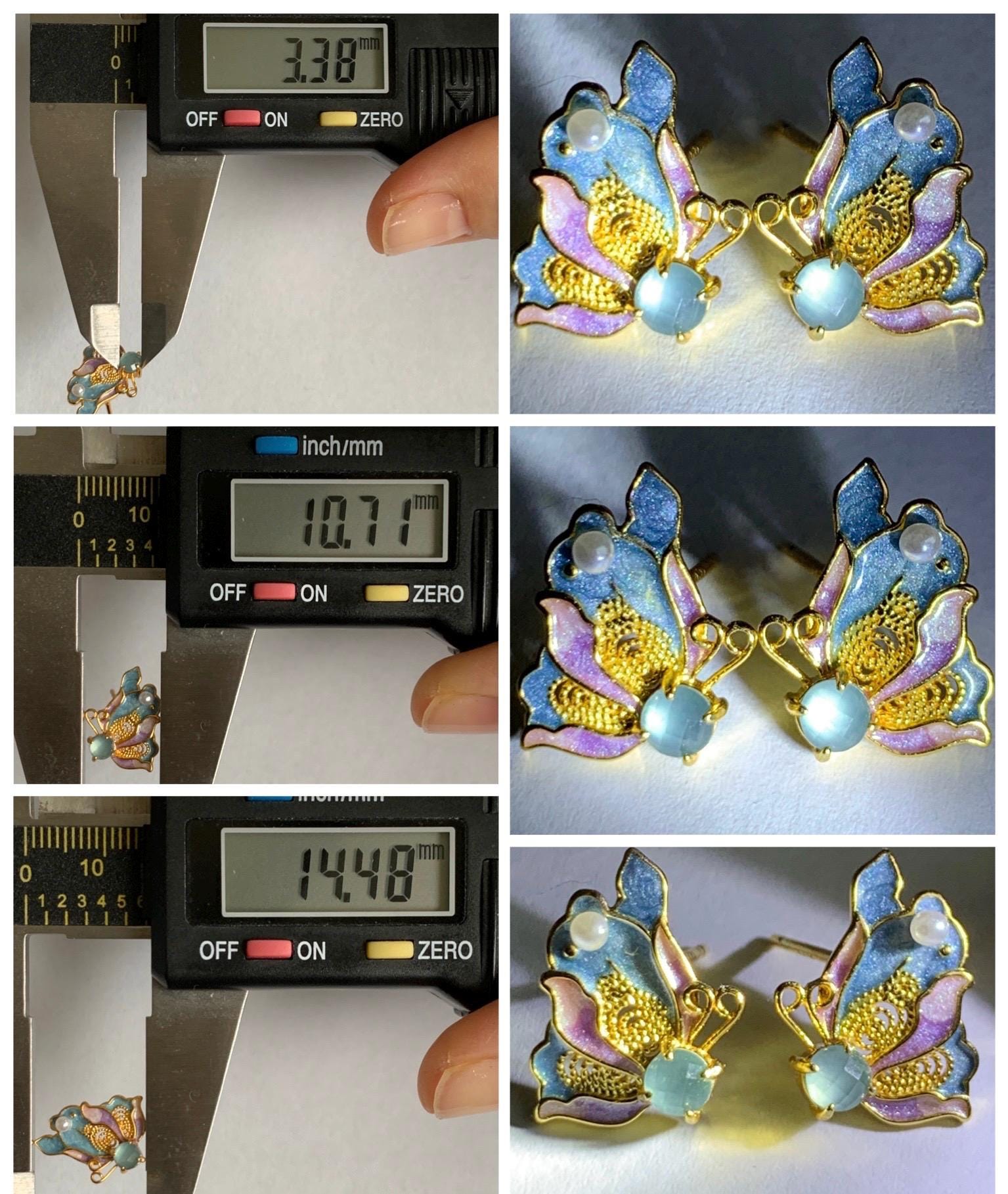 Natural Grade A Guatemalan Icy Translucent Light Blue Faceted Jade Jadeite Butterfly Enamel Earrings Sterling Silver 天然冰危蓝翡翠蝴蝶烤漆耳钉 WLQH132