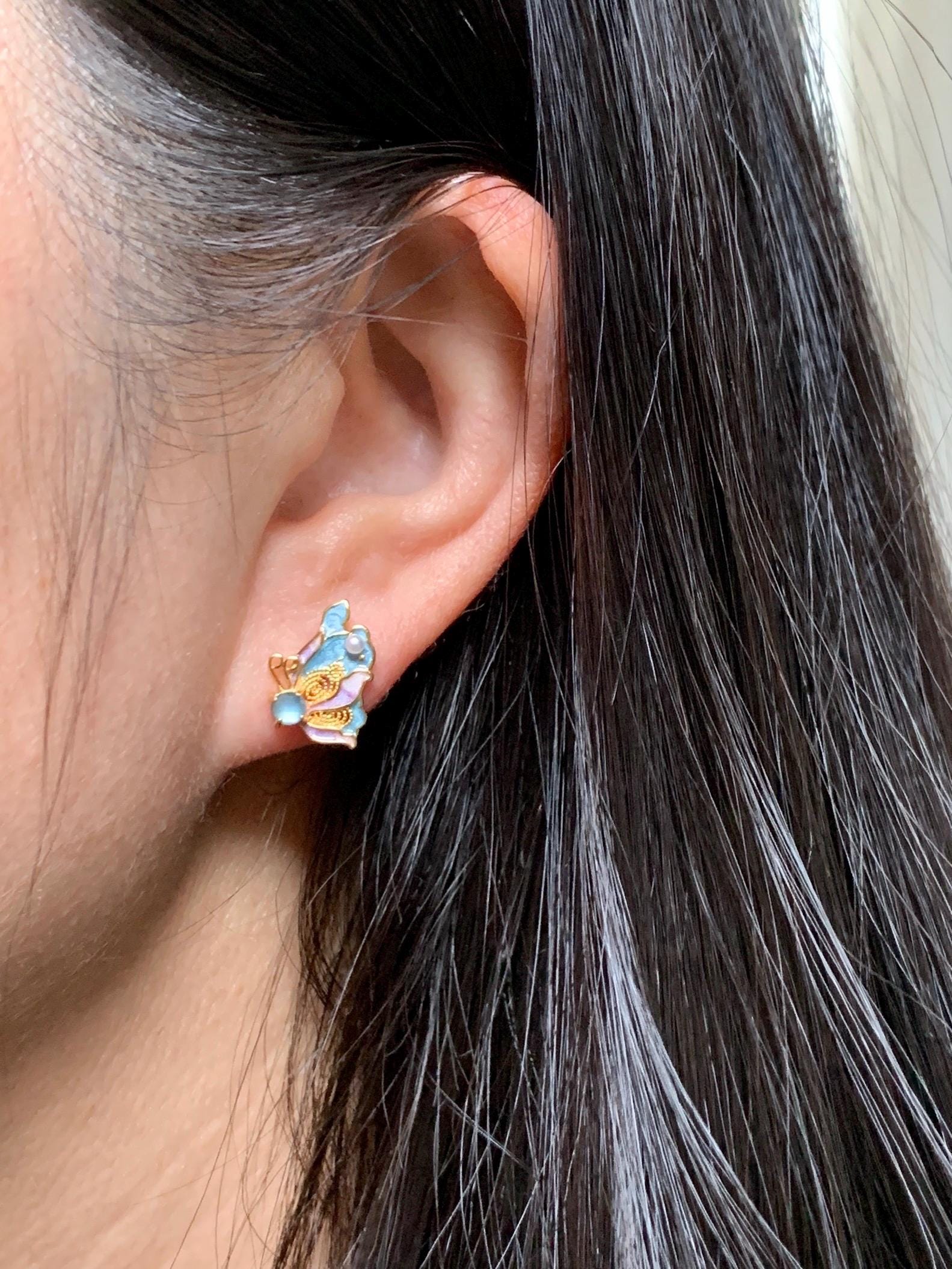 Natural Grade A Guatemalan Icy Translucent Light Blue Faceted Jade Jadeite Butterfly Enamel Earrings Sterling Silver 天然冰危蓝翡翠蝴蝶烤漆耳钉 WLQH132