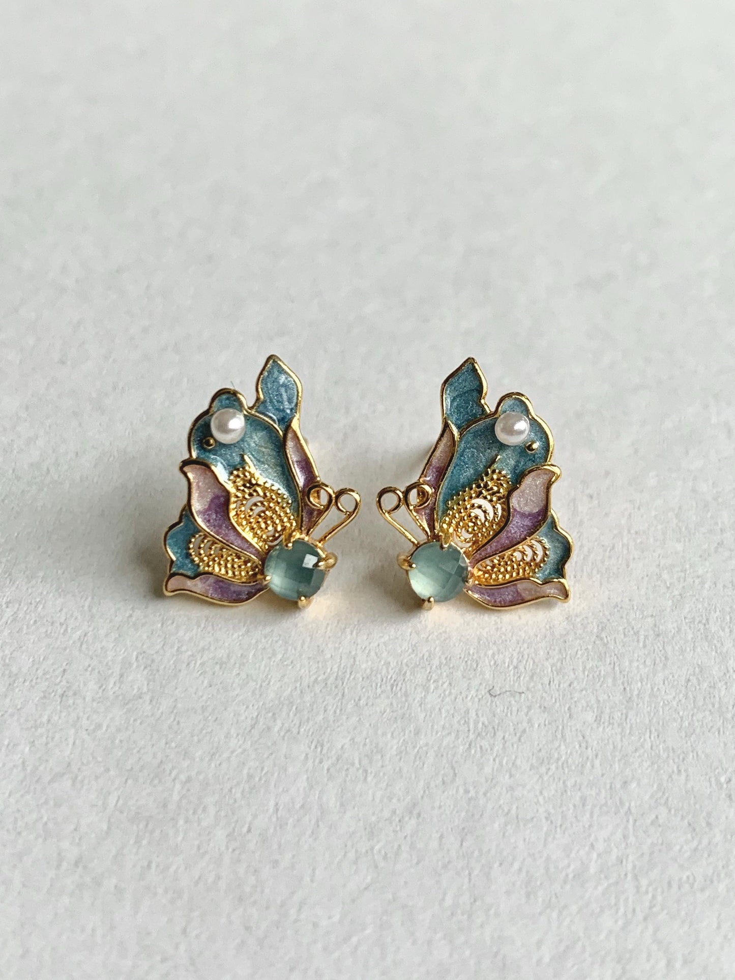 Natural Grade A Guatemalan Icy Translucent Light Blue Faceted Jade Jadeite Butterfly Enamel Earrings Sterling Silver 天然冰危蓝翡翠蝴蝶烤漆耳钉 WLQH132