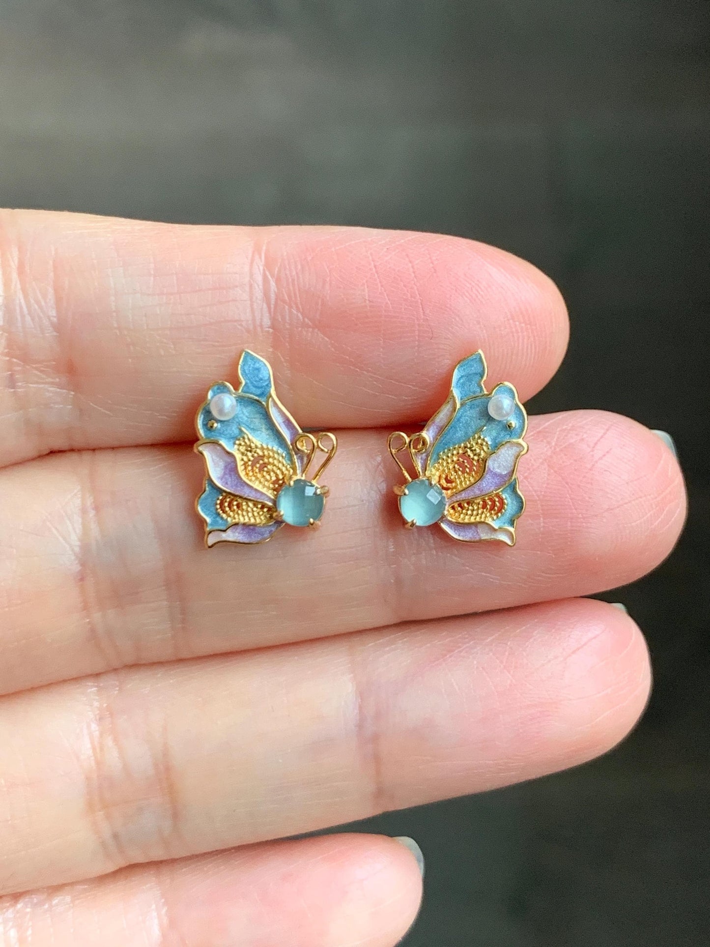 Natural Grade A Guatemalan Icy Translucent Light Blue Faceted Jade Jadeite Butterfly Enamel Earrings Sterling Silver 天然冰危蓝翡翠蝴蝶烤漆耳钉 WLQH132