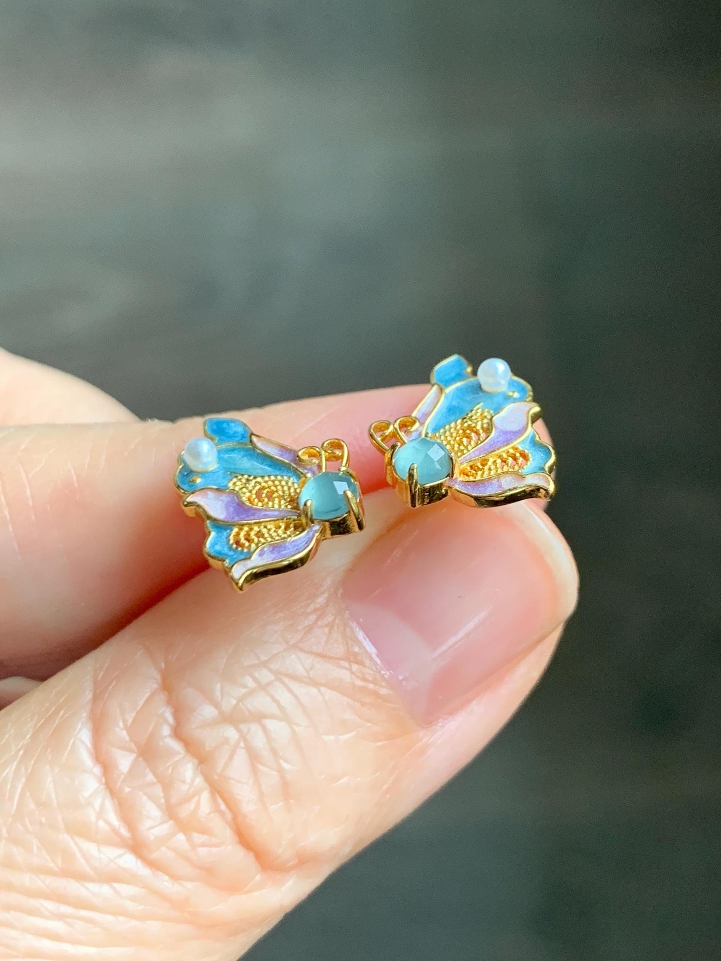 Natural Grade A Guatemalan Icy Translucent Light Blue Faceted Jade Jadeite Butterfly Enamel Earrings Sterling Silver 天然冰危蓝翡翠蝴蝶烤漆耳钉 WLQH132