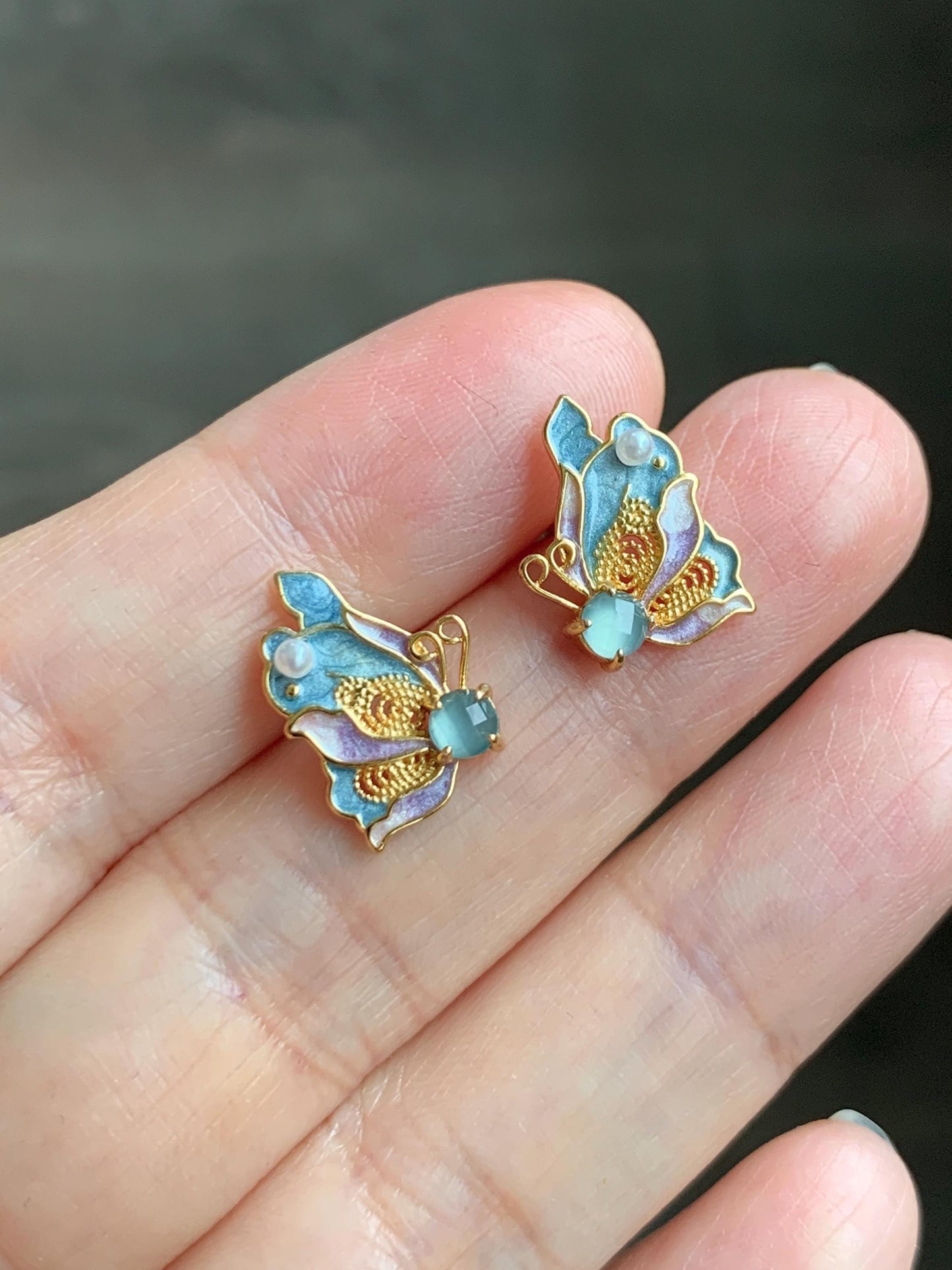 Natural Grade A Guatemalan Icy Translucent Light Blue Faceted Jade Jadeite Butterfly Enamel Earrings Sterling Silver 天然冰危蓝翡翠蝴蝶烤漆耳钉 WLQH132