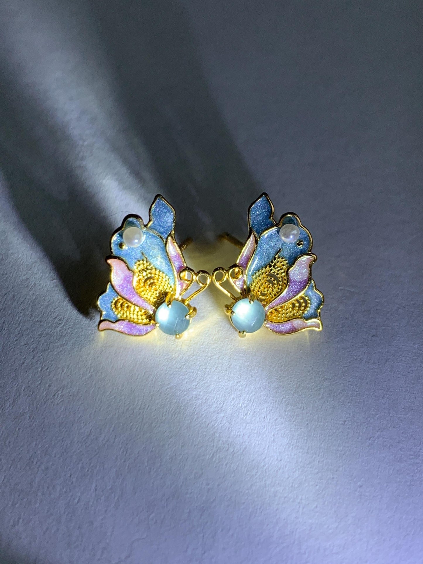 Natural Grade A Guatemalan Icy Translucent Light Blue Faceted Jade Jadeite Butterfly Enamel Earrings Sterling Silver 天然冰危蓝翡翠蝴蝶烤漆耳钉 WLQH132
