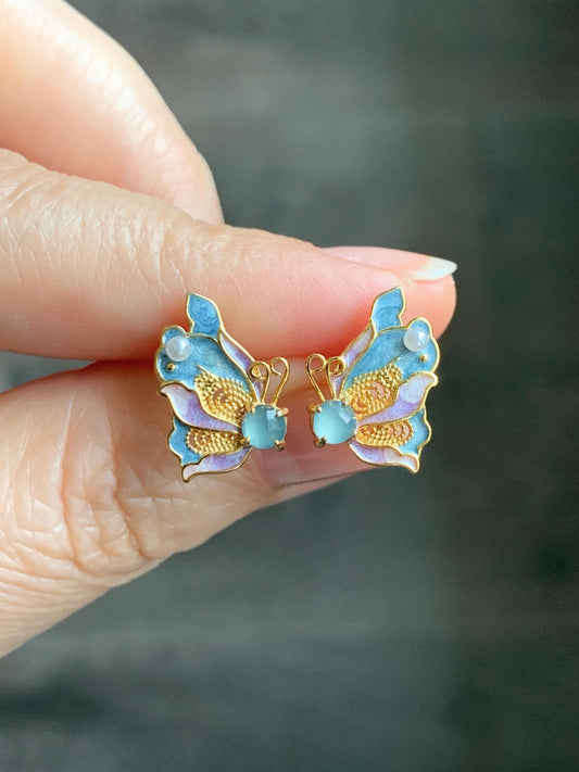 Natural Grade A Guatemalan Icy Translucent Light Blue Faceted Jade Jadeite Butterfly Enamel Earrings Sterling Silver 天然冰危蓝翡翠蝴蝶烤漆耳钉 WLQH132