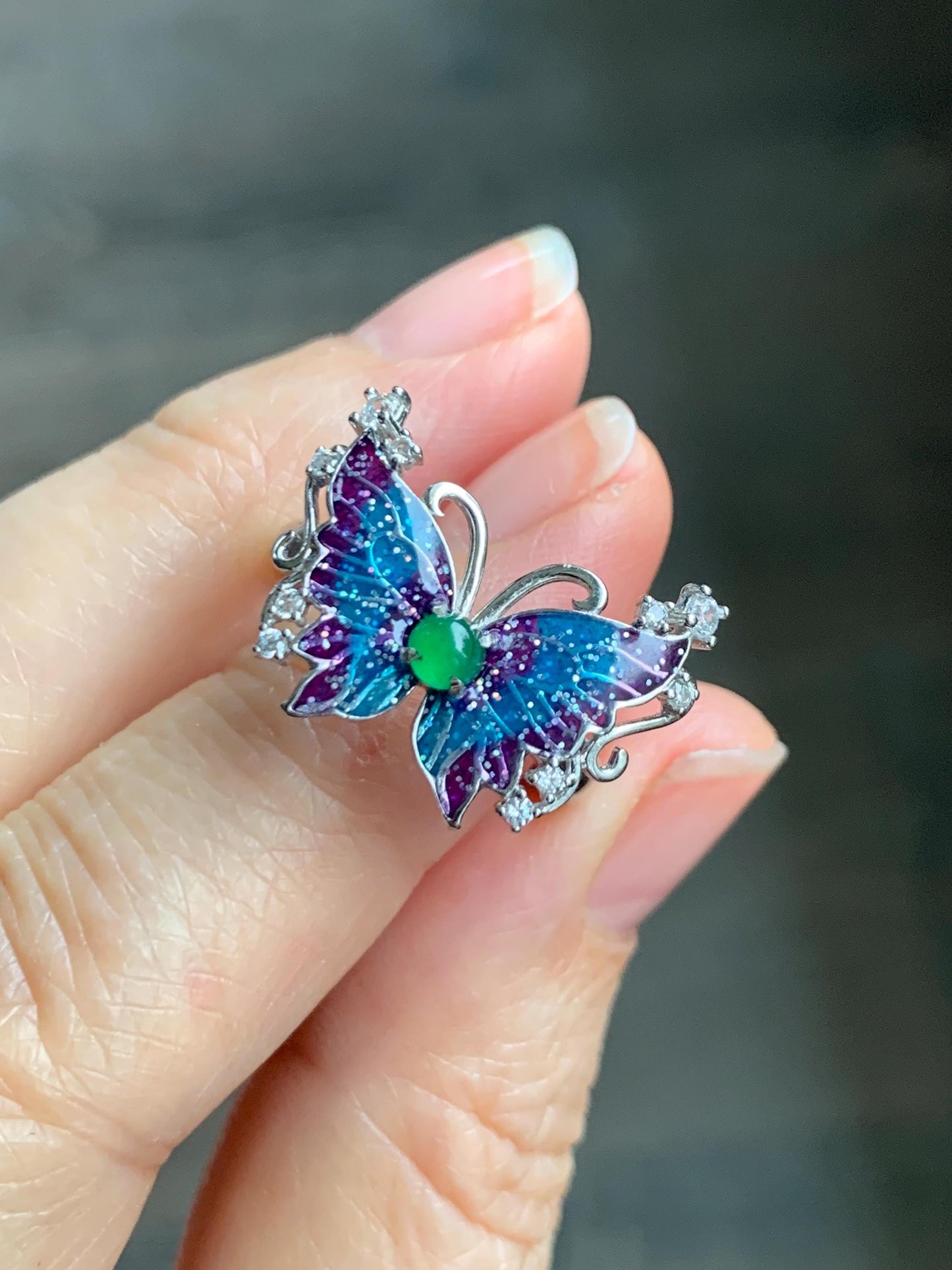 Natural Grade A Guatemalan Icy Translucent Vibrant Green Jade Jadeite Butterfly Enamel Ring Sterling Silver 天然冰危绿翡翠银镶蝴蝶烤漆戒指 HDL140A