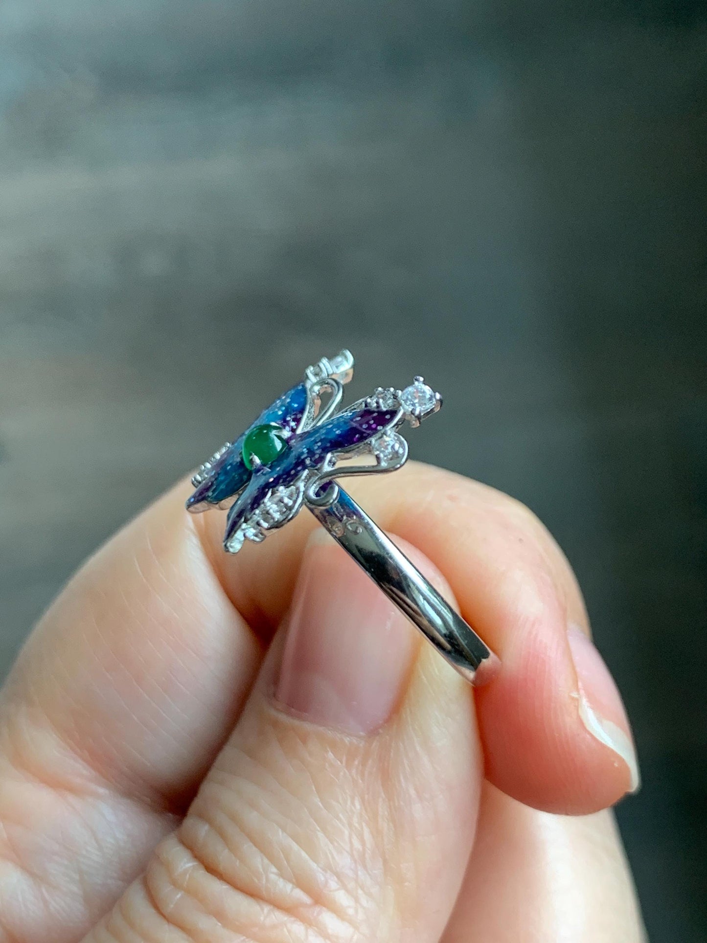 Natural Grade A Guatemalan Icy Translucent Vibrant Green Jade Jadeite Butterfly Enamel Ring Sterling Silver 天然冰危绿翡翠银镶蝴蝶烤漆戒指 HDL140A
