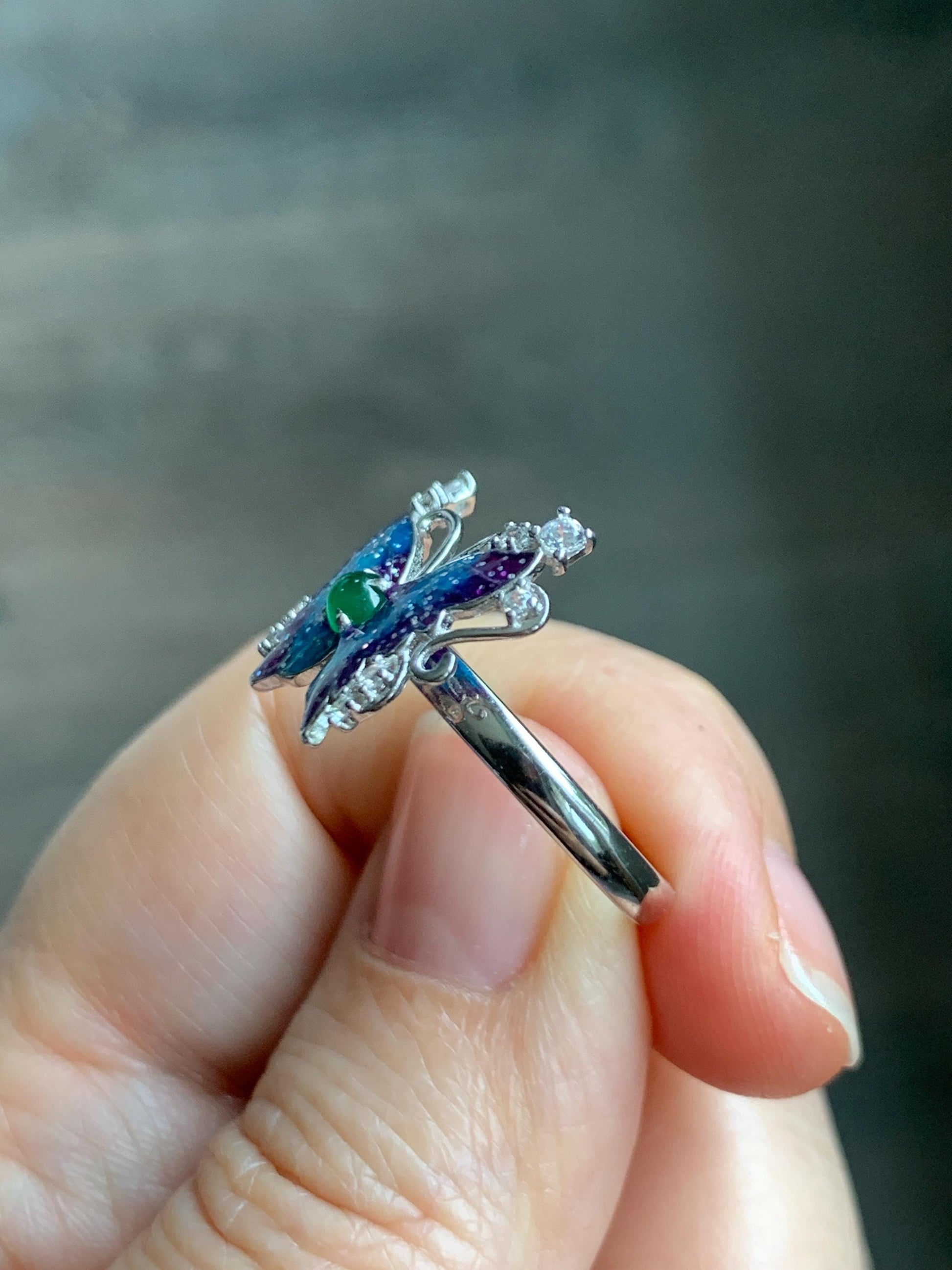 Natural Grade A Guatemalan Icy Translucent Vibrant Green Jade Jadeite Butterfly Enamel Ring Sterling Silver 天然冰危绿翡翠银镶蝴蝶烤漆戒指 HDL140A