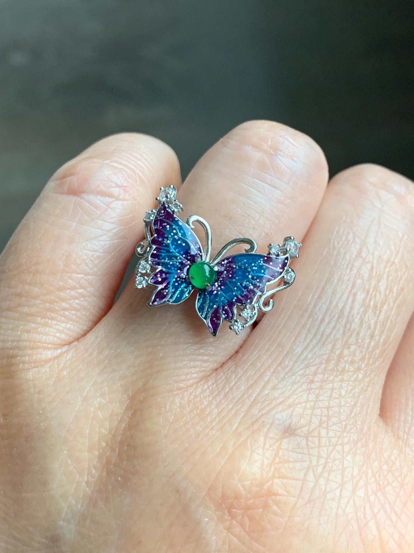 Natural Grade A Guatemalan Icy Translucent Vibrant Green Jade Jadeite Butterfly Enamel Ring Sterling Silver 天然冰危绿翡翠银镶蝴蝶烤漆戒指 HDL140A