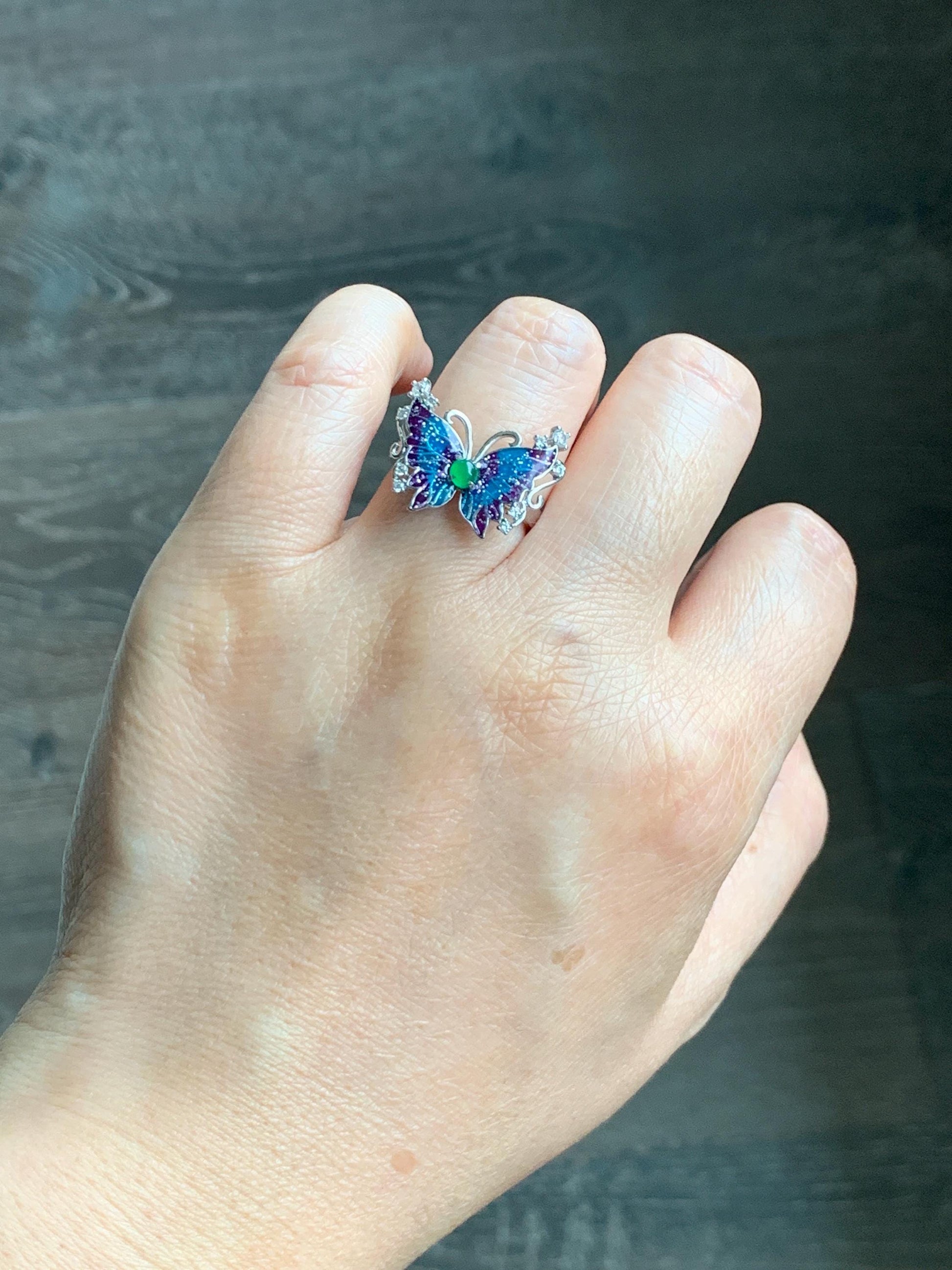 Natural Grade A Guatemalan Icy Translucent Vibrant Green Jade Jadeite Butterfly Enamel Ring Sterling Silver 天然冰危绿翡翠银镶蝴蝶烤漆戒指 HDL140A