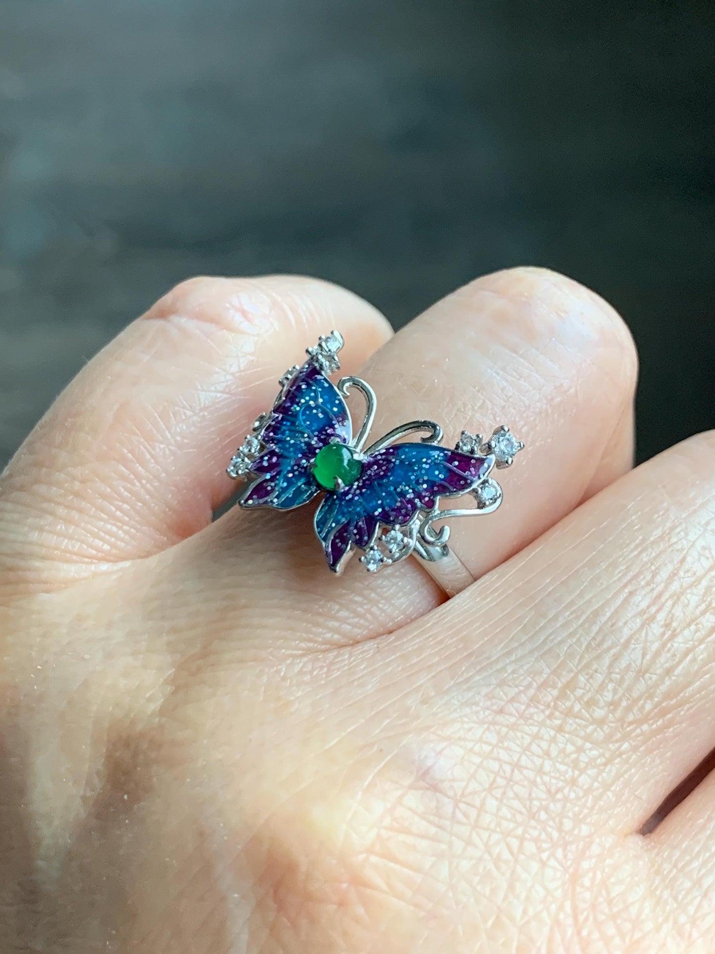 Natural Grade A Guatemalan Icy Translucent Vibrant Green Jade Jadeite Butterfly Enamel Ring Sterling Silver 天然冰危绿翡翠银镶蝴蝶烤漆戒指 HDL140A