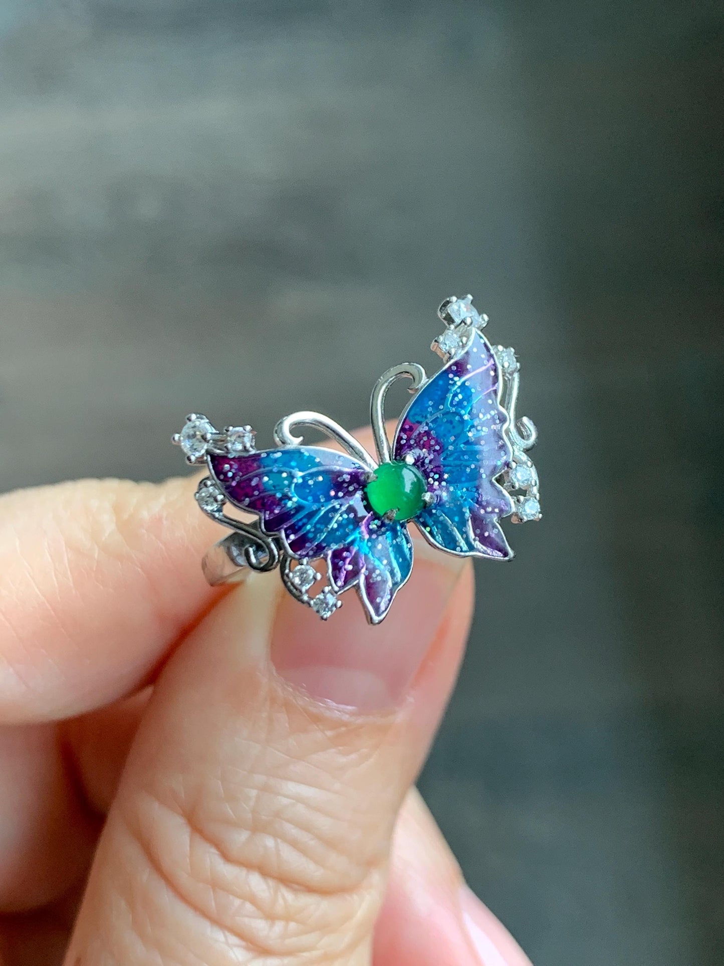 Natural Grade A Guatemalan Icy Translucent Vibrant Green Jade Jadeite Butterfly Enamel Ring Sterling Silver 天然冰危绿翡翠银镶蝴蝶烤漆戒指 HDL140A