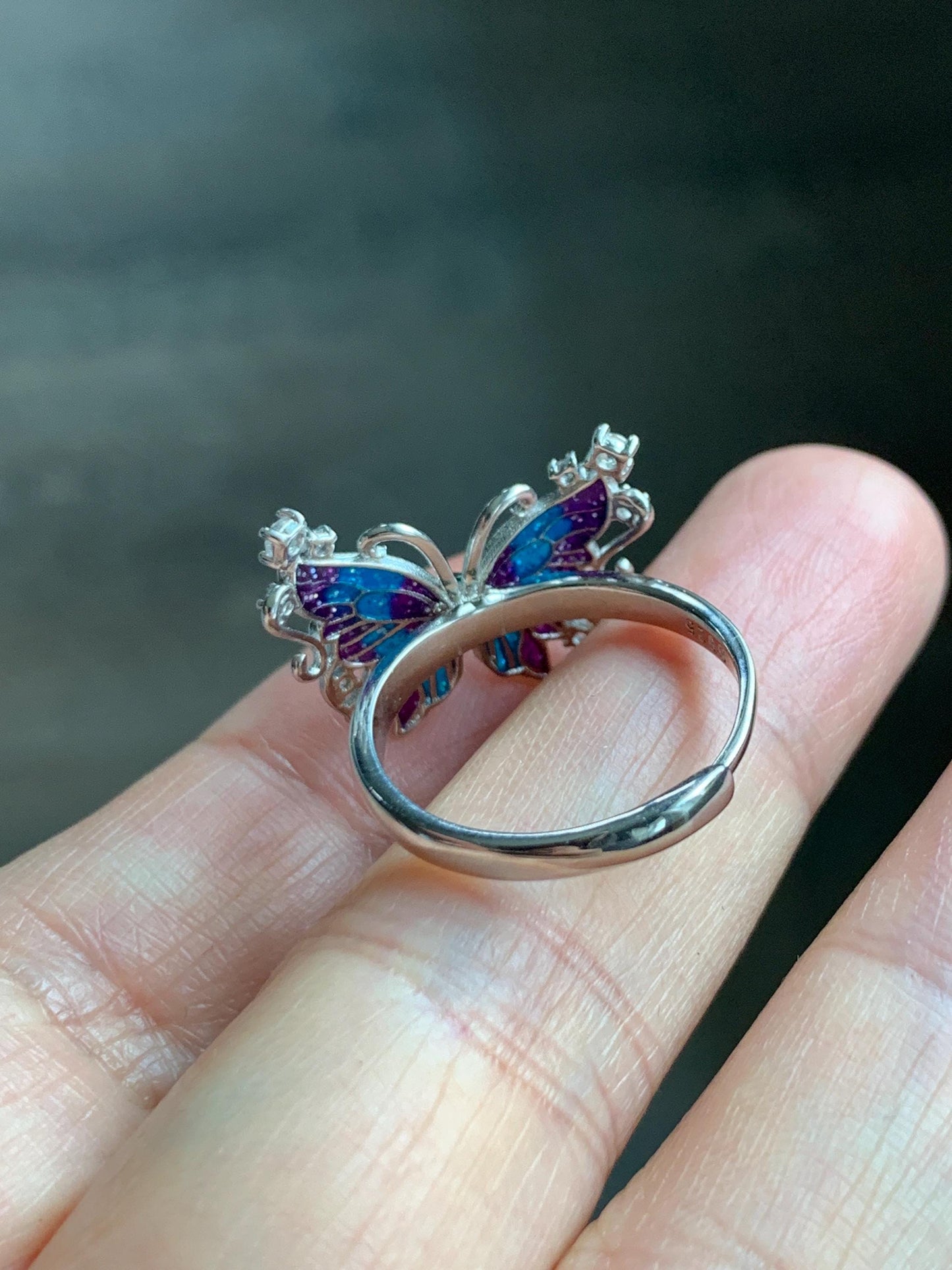 Natural Grade A Guatemalan Icy Translucent Vibrant Green Jade Jadeite Butterfly Enamel Ring Sterling Silver 天然冰危绿翡翠银镶蝴蝶烤漆戒指 HDL140A