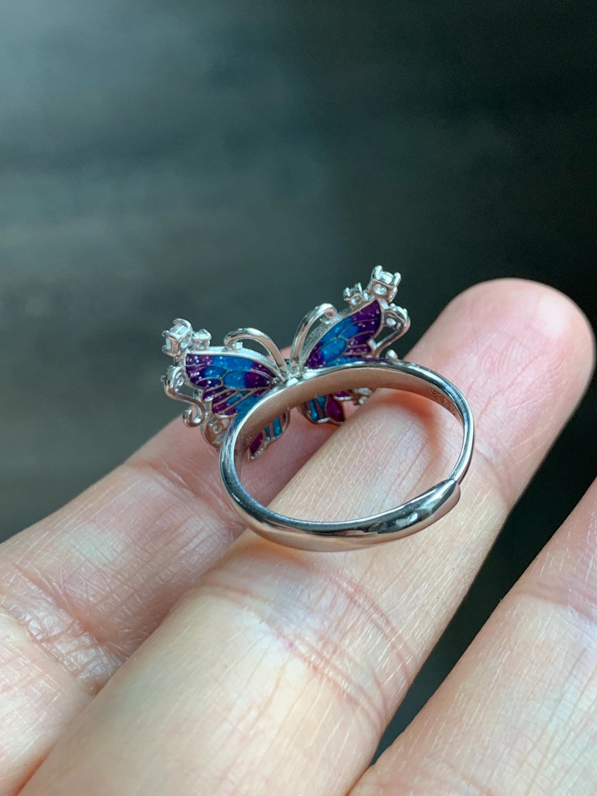 Natural Grade A Guatemalan Icy Translucent Vibrant Green Jade Jadeite Butterfly Enamel Ring Sterling Silver 天然冰危绿翡翠银镶蝴蝶烤漆戒指 HDL140A
