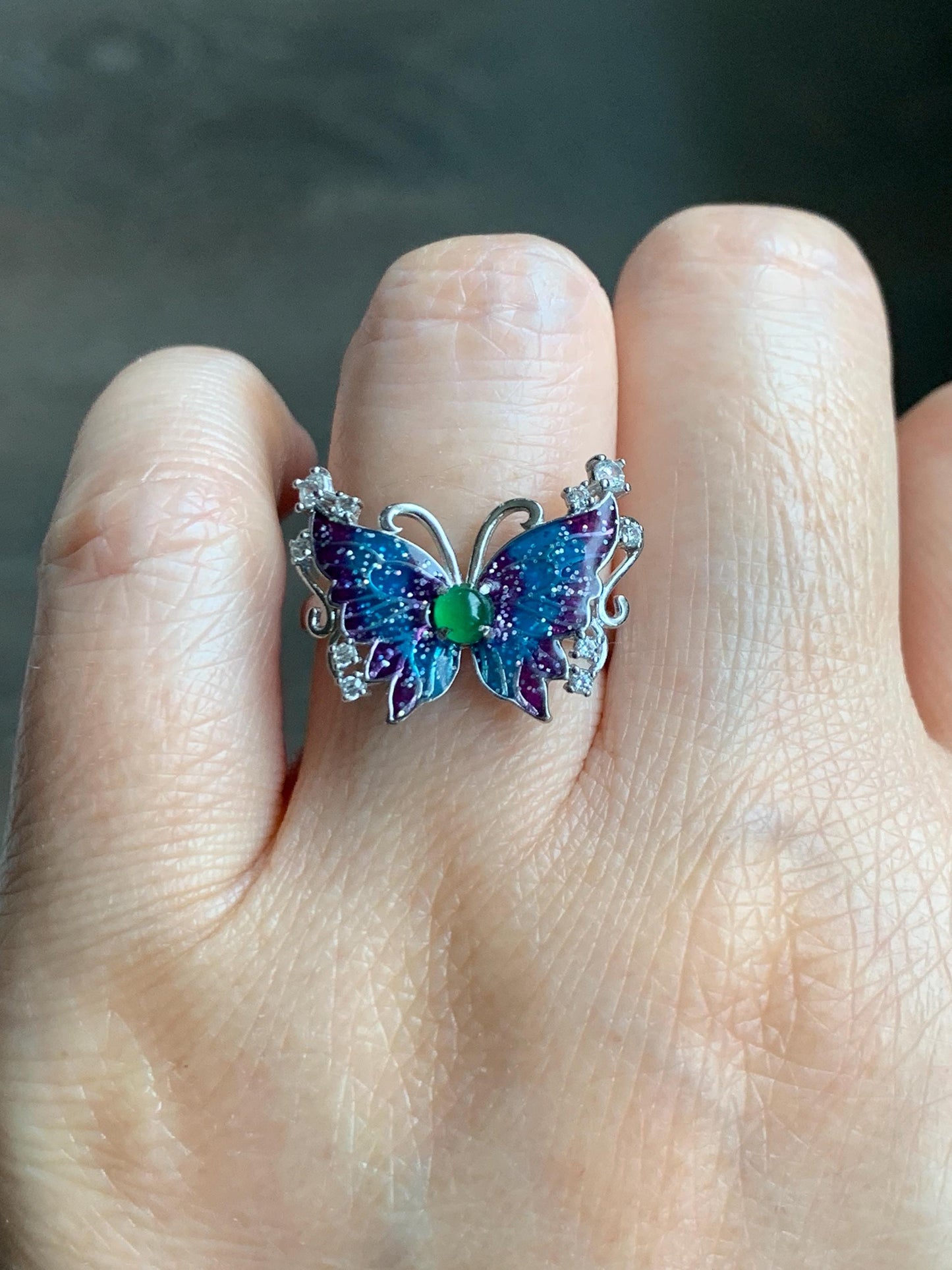 Natural Grade A Guatemalan Icy Translucent Vibrant Green Jade Jadeite Butterfly Enamel Ring Sterling Silver 天然冰危绿翡翠银镶蝴蝶烤漆戒指 HDL140A