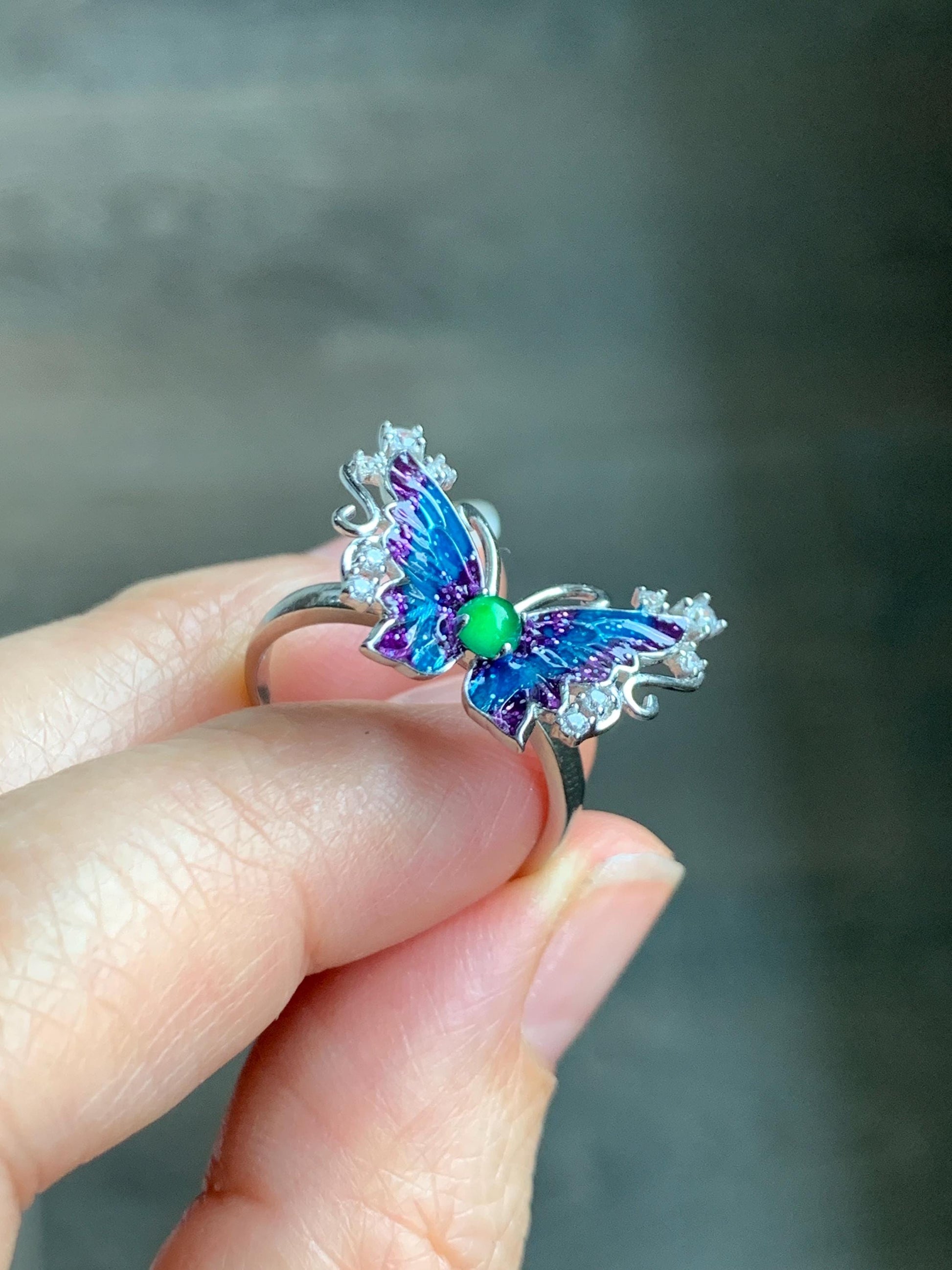 Natural Grade A Guatemalan Icy Translucent Vibrant Green Jade Jadeite Butterfly Enamel Ring Sterling Silver 天然冰危绿翡翠银镶蝴蝶烤漆戒指 HDL140B