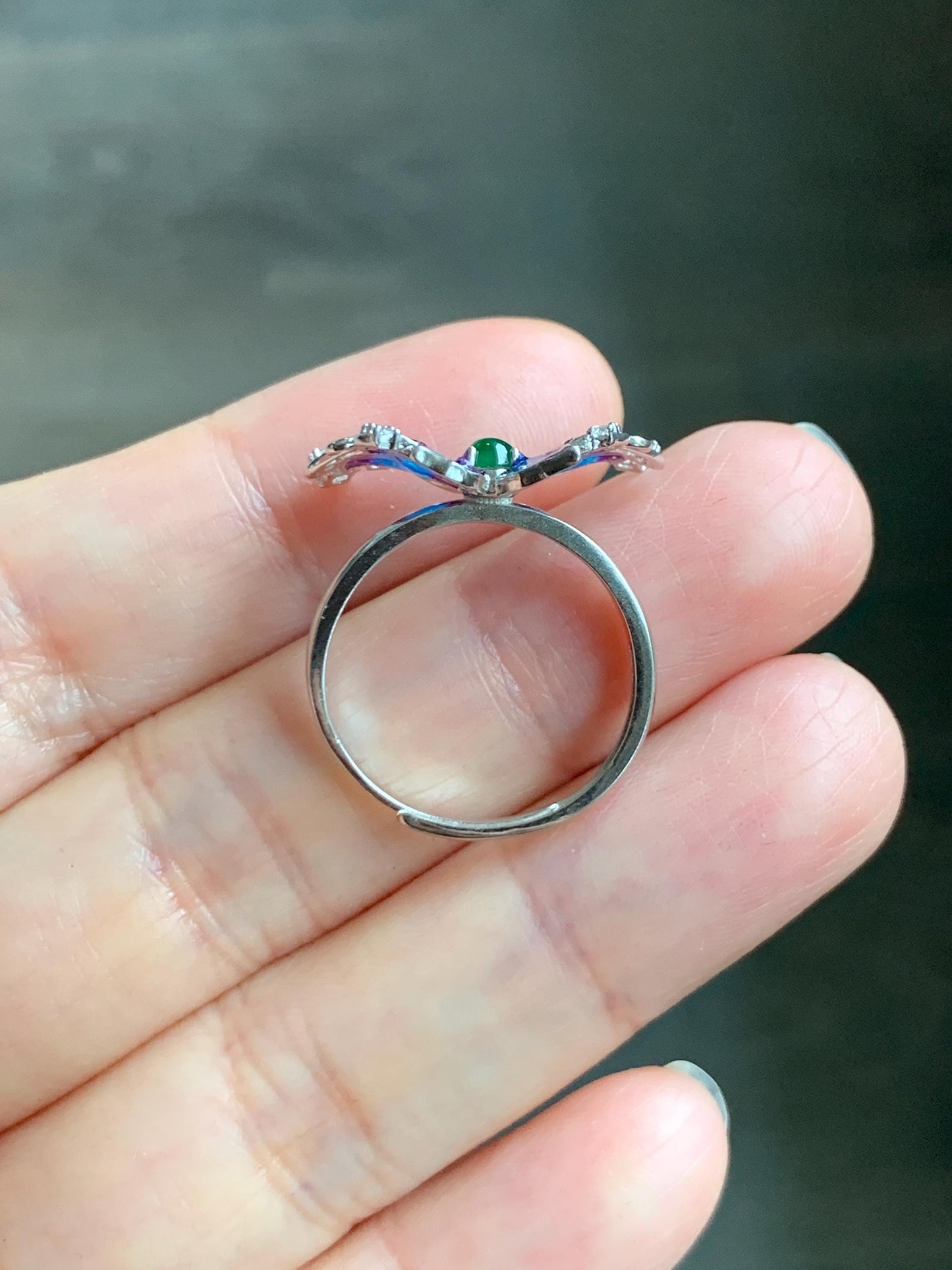 Natural Grade A Guatemalan Icy Translucent Vibrant Green Jade Jadeite Butterfly Enamel Ring Sterling Silver 天然冰危绿翡翠银镶蝴蝶烤漆戒指 HDL140B