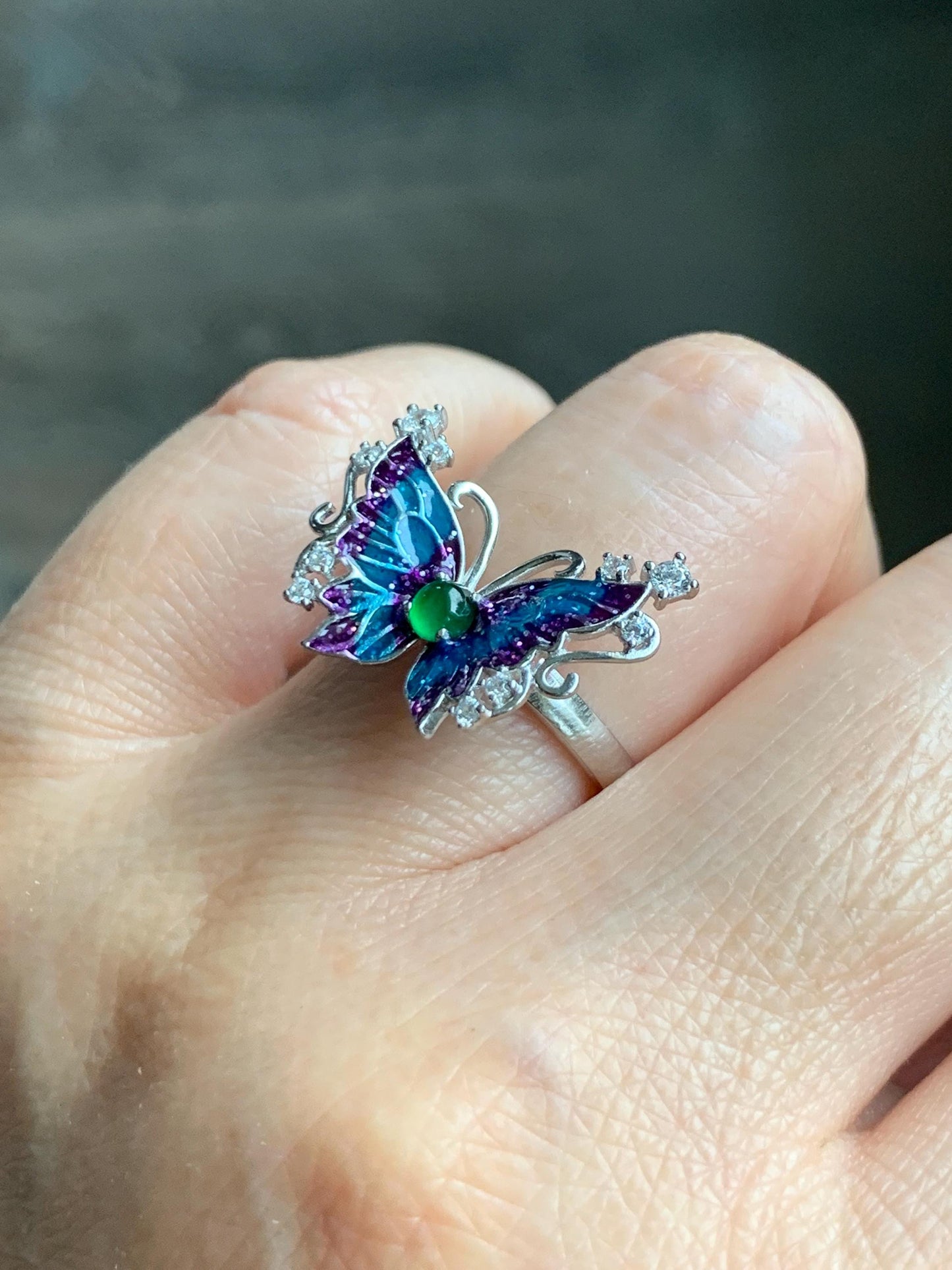 Natural Grade A Guatemalan Icy Translucent Vibrant Green Jade Jadeite Butterfly Enamel Ring Sterling Silver 天然冰危绿翡翠银镶蝴蝶烤漆戒指 HDL140B