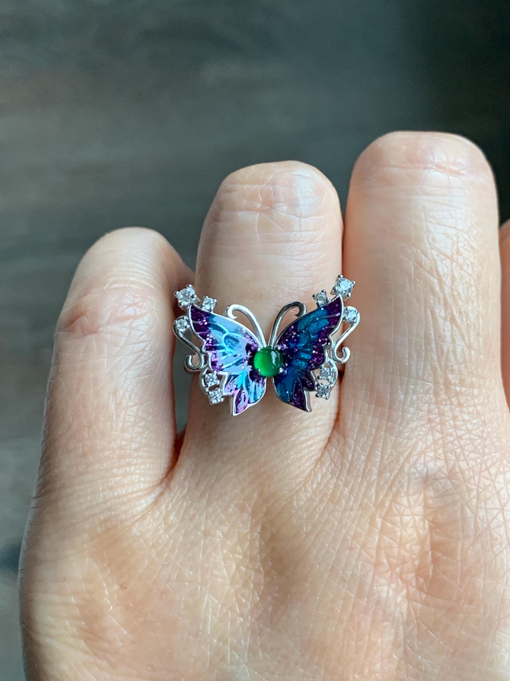 Natural Grade A Guatemalan Icy Translucent Vibrant Green Jade Jadeite Butterfly Enamel Ring Sterling Silver 天然冰危绿翡翠银镶蝴蝶烤漆戒指 HDL140B