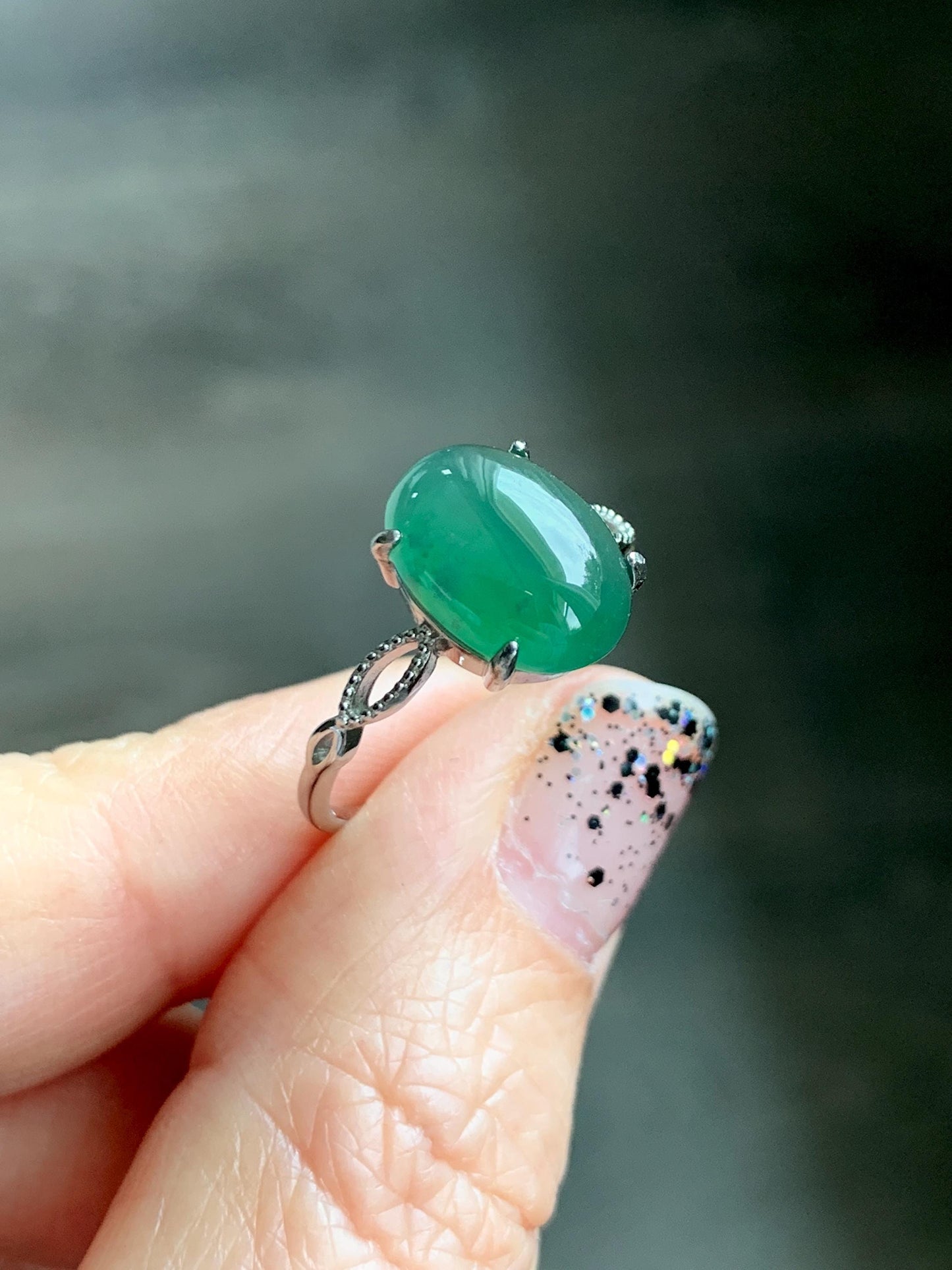 Natural Grade A Guatemalan Icy Translucent Dark Teal Green Oval Jade Jadeite Ring Sterling Silver Size Adjustable 天然冰危深蓝绿翡翠银镶戒指 SWL110