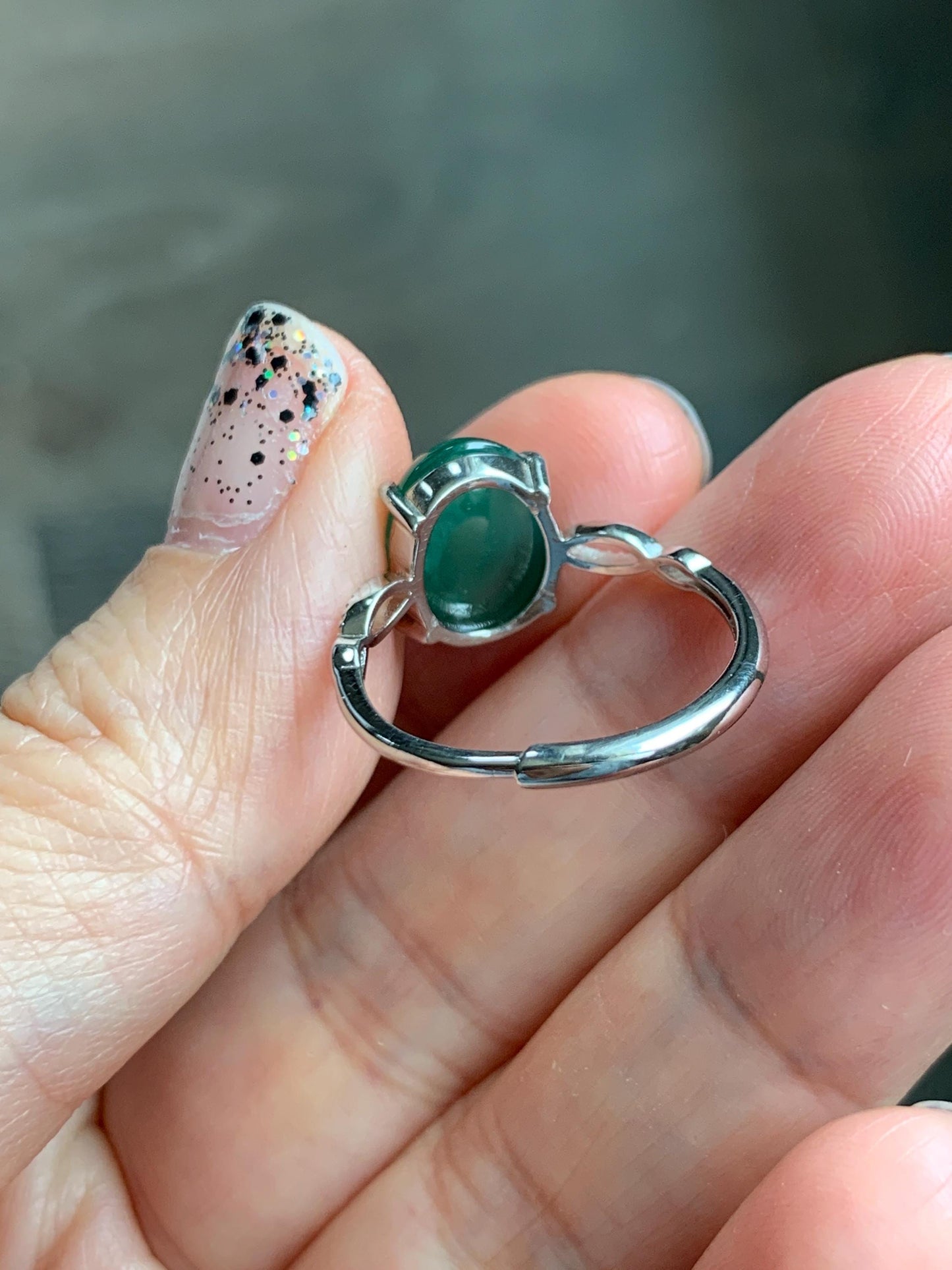 Natural Grade A Guatemalan Icy Translucent Dark Teal Green Oval Jade Jadeite Ring Sterling Silver Size Adjustable 天然冰危深蓝绿翡翠银镶戒指 SWL110