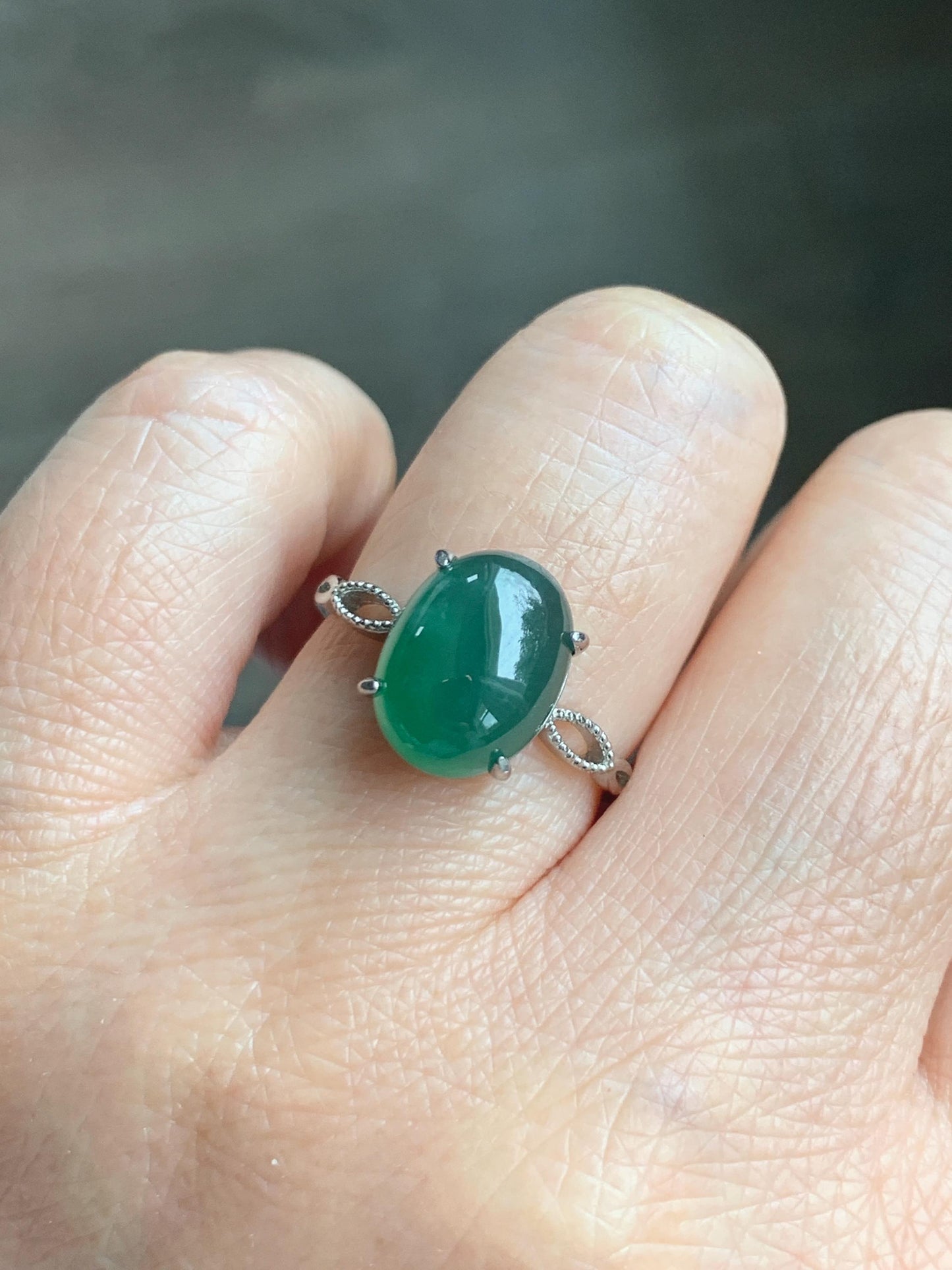 Natural Grade A Guatemalan Icy Translucent Dark Teal Green Oval Jade Jadeite Ring Sterling Silver Size Adjustable 天然冰危深蓝绿翡翠银镶戒指 SWL110