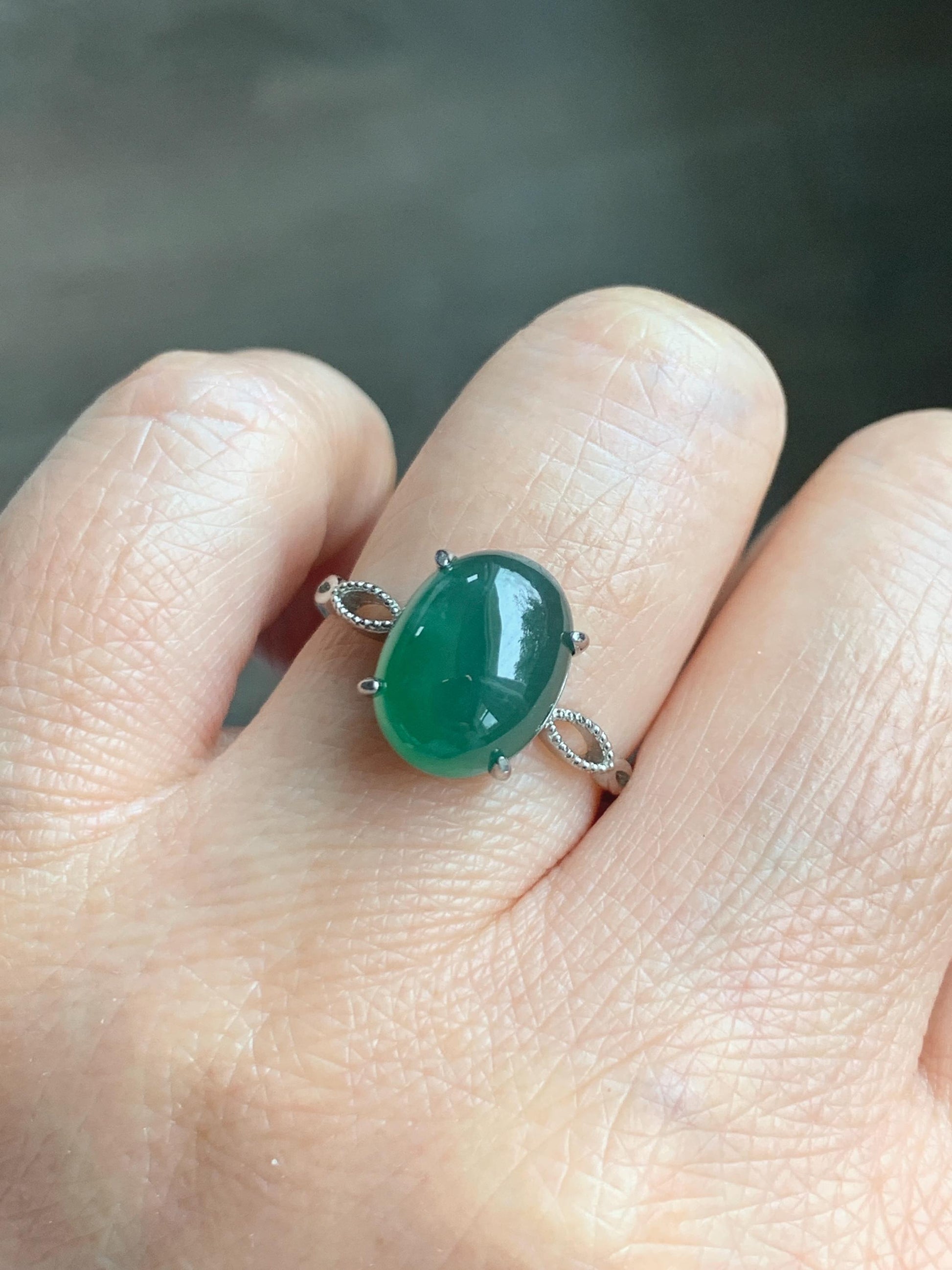 Natural Grade A Guatemalan Icy Translucent Dark Teal Green Oval Jade Jadeite Ring Sterling Silver Size Adjustable 天然冰危深蓝绿翡翠银镶戒指 SWL110