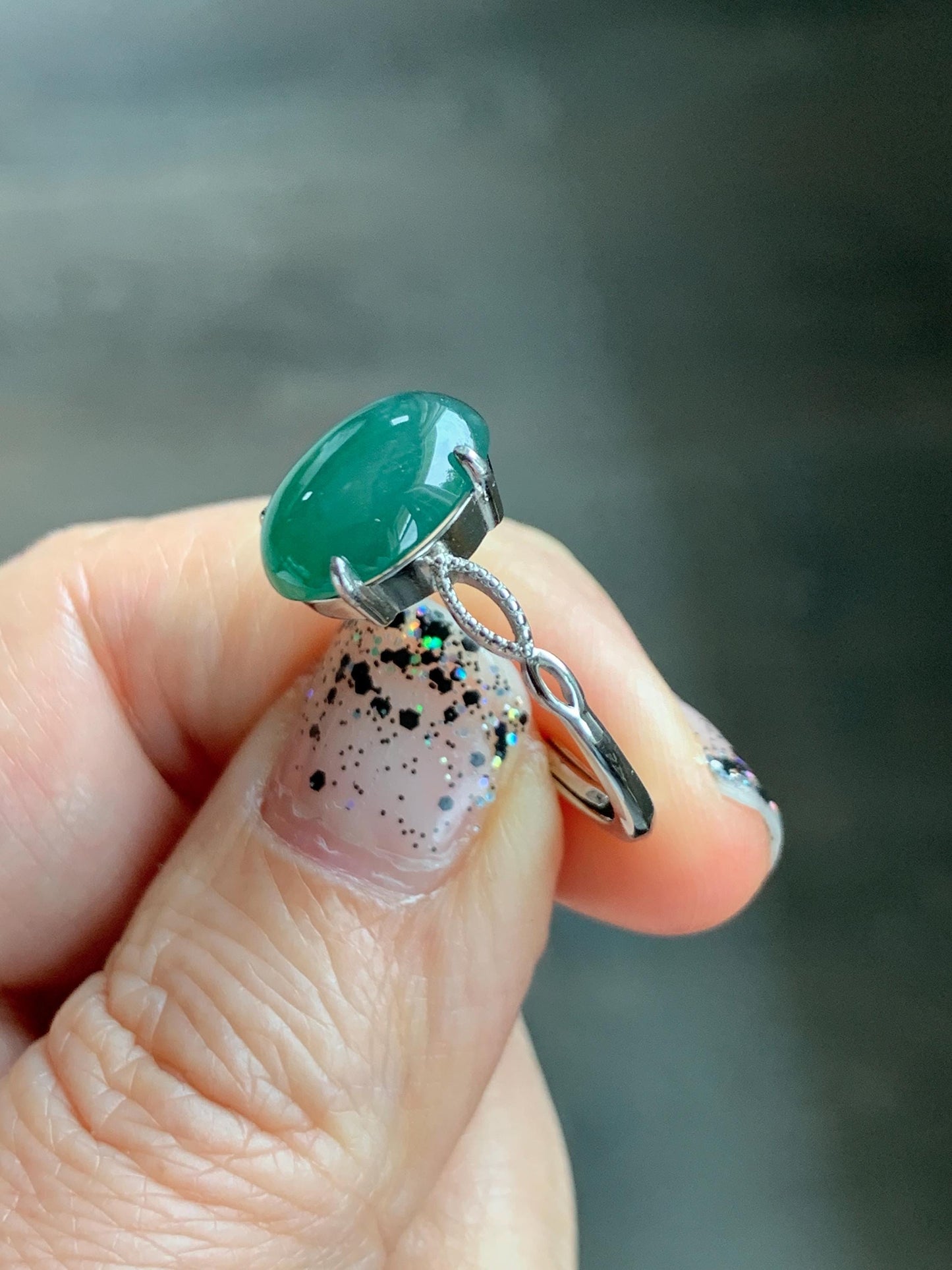 Natural Grade A Guatemalan Icy Translucent Dark Teal Green Oval Jade Jadeite Ring Sterling Silver Size Adjustable 天然冰危深蓝绿翡翠银镶戒指 SWL110