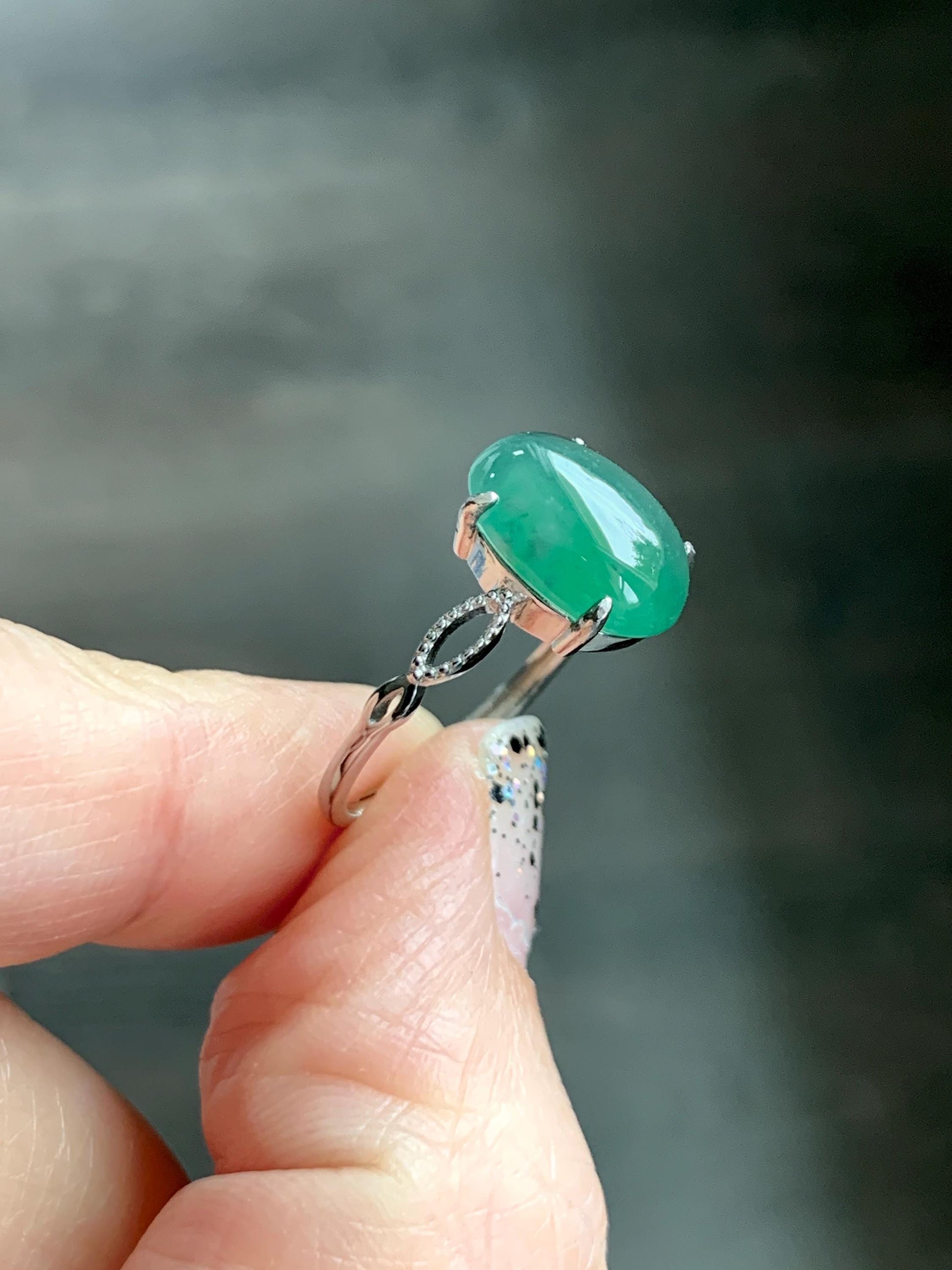 Natural Grade A Guatemalan Icy Translucent Dark Teal Green Oval Jade Jadeite Ring Sterling Silver Size Adjustable 天然冰危深蓝绿翡翠银镶戒指 SWL110