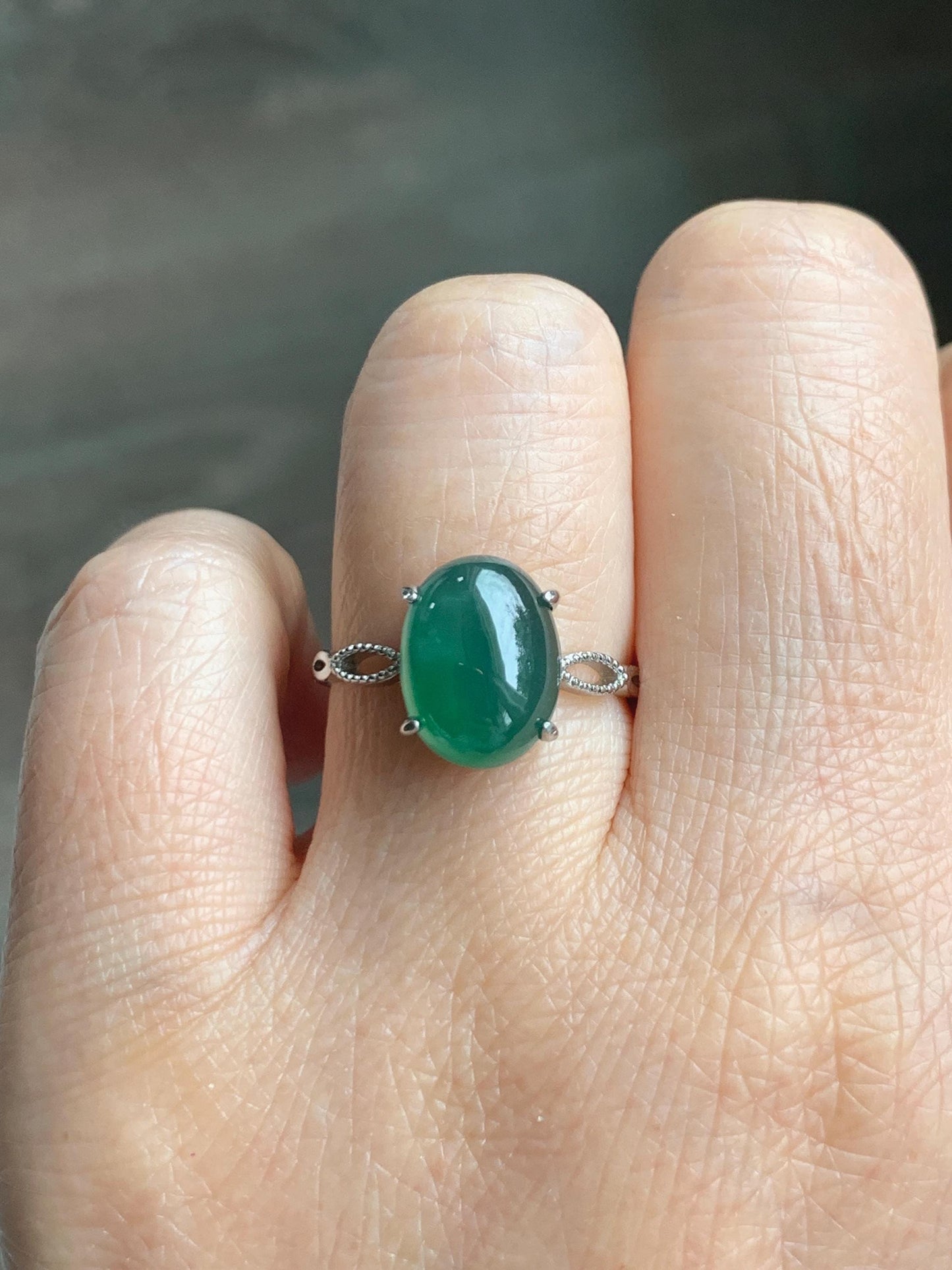 Natural Grade A Guatemalan Icy Translucent Dark Teal Green Oval Jade Jadeite Ring Sterling Silver Size Adjustable 天然冰危深蓝绿翡翠银镶戒指 SWL110