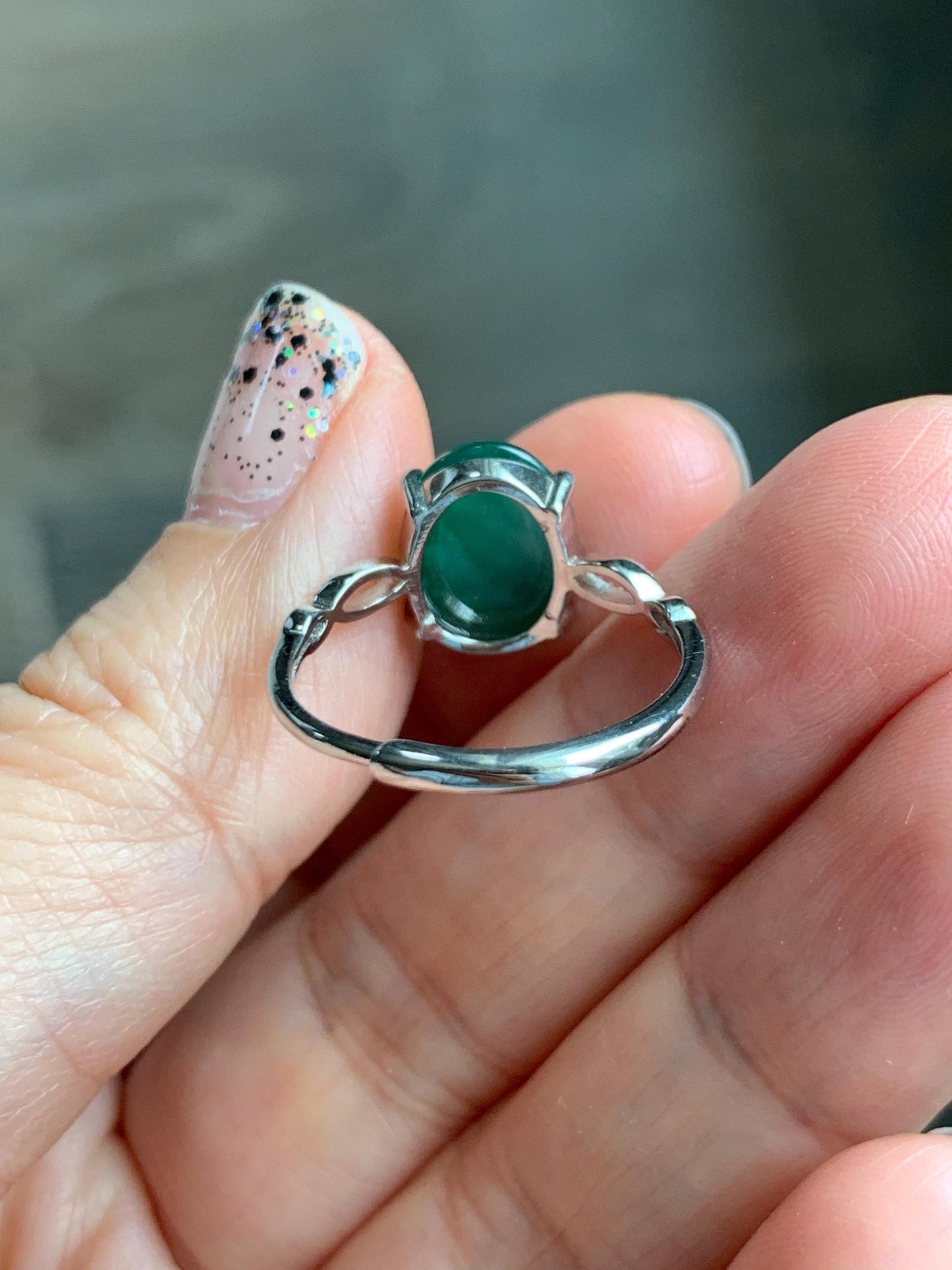Natural Grade A Guatemalan Icy Translucent Dark Teal Green Oval Jade Jadeite Ring Sterling Silver Size Adjustable 天然冰危深蓝绿翡翠银镶戒指 SWL110