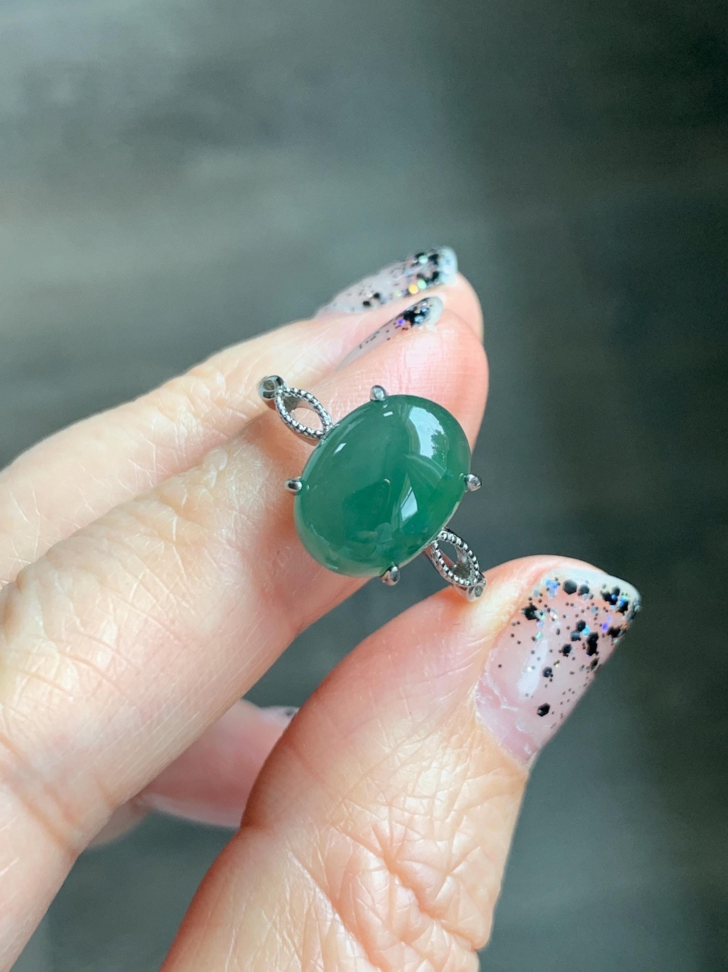 Natural Grade A Guatemalan Icy Translucent Dark Teal Green Oval Jade Jadeite Ring Sterling Silver Size Adjustable 天然冰危深蓝绿翡翠银镶戒指 SWL110