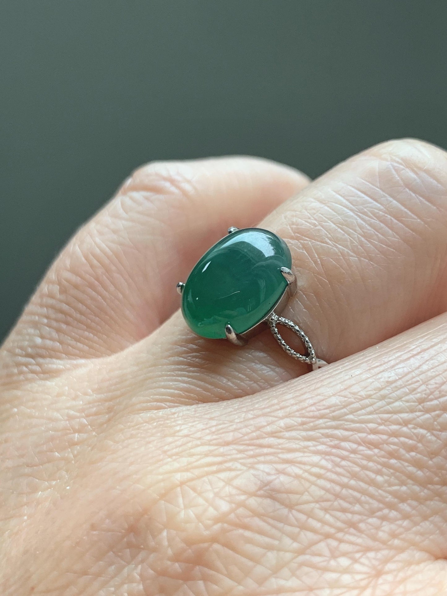 Natural Grade A Guatemalan Icy Translucent Dark Teal Green Oval Jade Jadeite Ring Sterling Silver Size Adjustable 天然冰危深蓝绿翡翠银镶戒指 SWL110