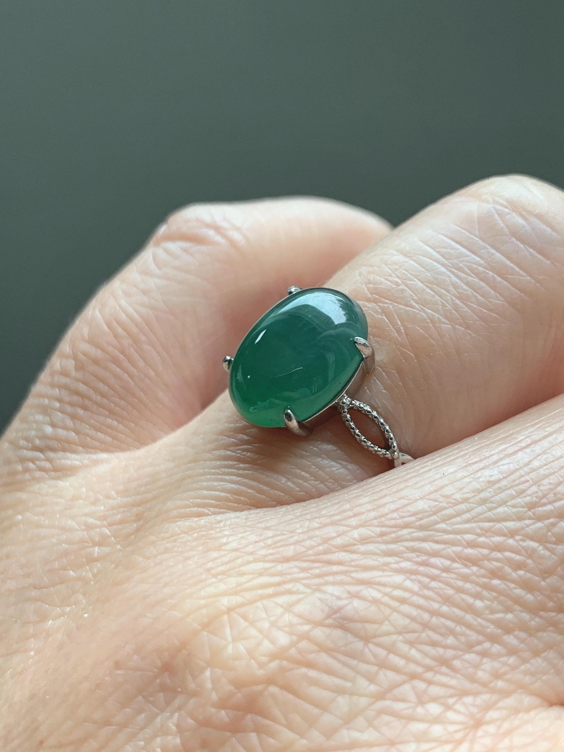 Natural Grade A Guatemalan Icy Translucent Dark Teal Green Oval Jade Jadeite Ring Sterling Silver Size Adjustable 天然冰危深蓝绿翡翠银镶戒指 SWL110