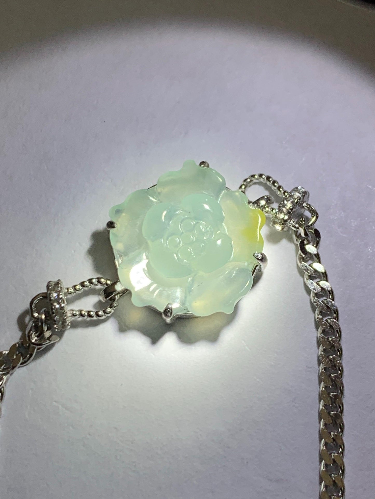Natural Grade A Guatemalan Icy Translucent Pastel Blue Jadeite Lotus Flower Chain Bracelet Sterling Silver 6.25”-7.5” 天然冰危淡蓝翡翠莲花银手链 QWL110