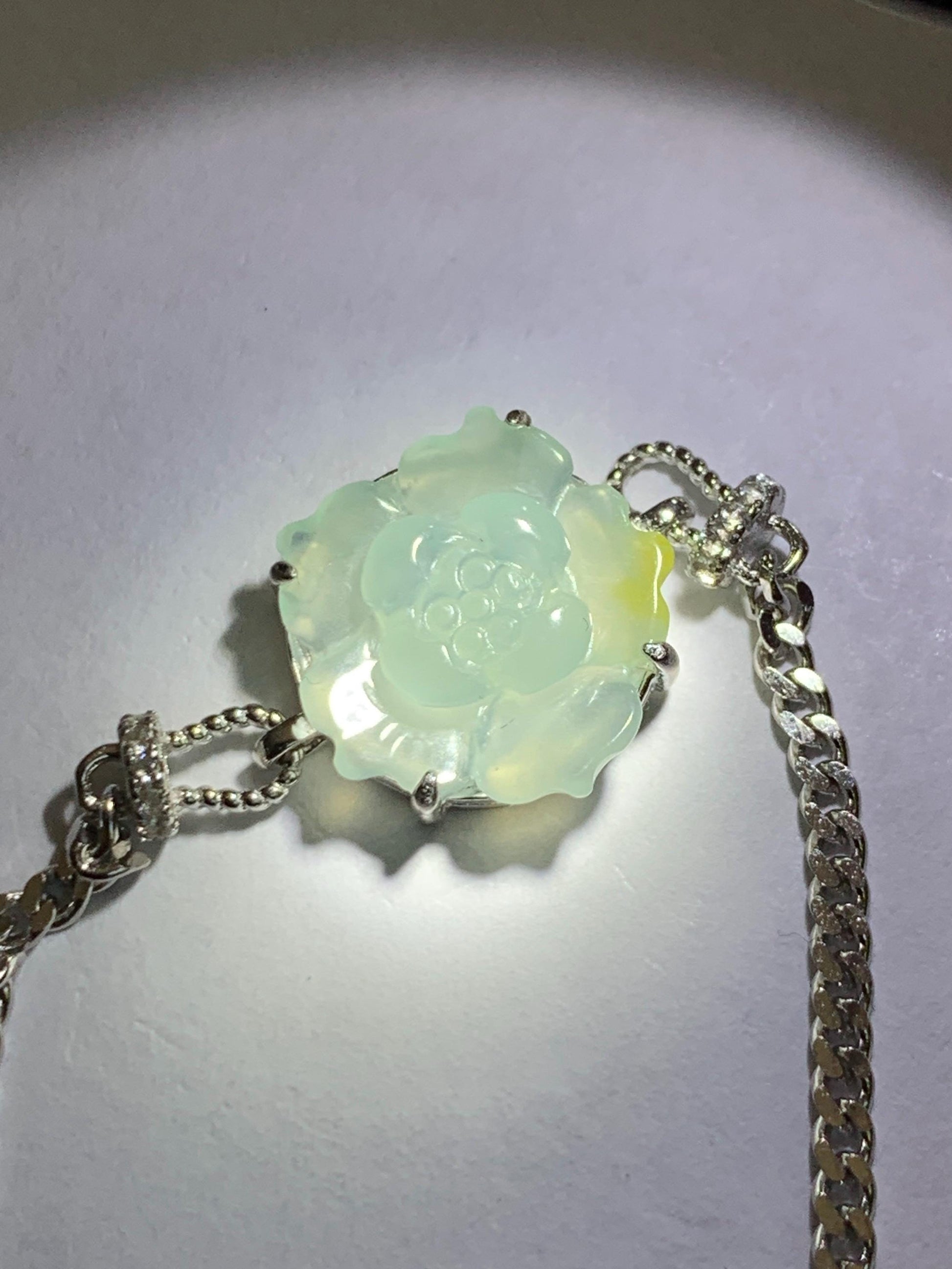 Natural Grade A Guatemalan Icy Translucent Pastel Blue Jadeite Lotus Flower Chain Bracelet Sterling Silver 6.25”-7.5” 天然冰危淡蓝翡翠莲花银手链 QWL110